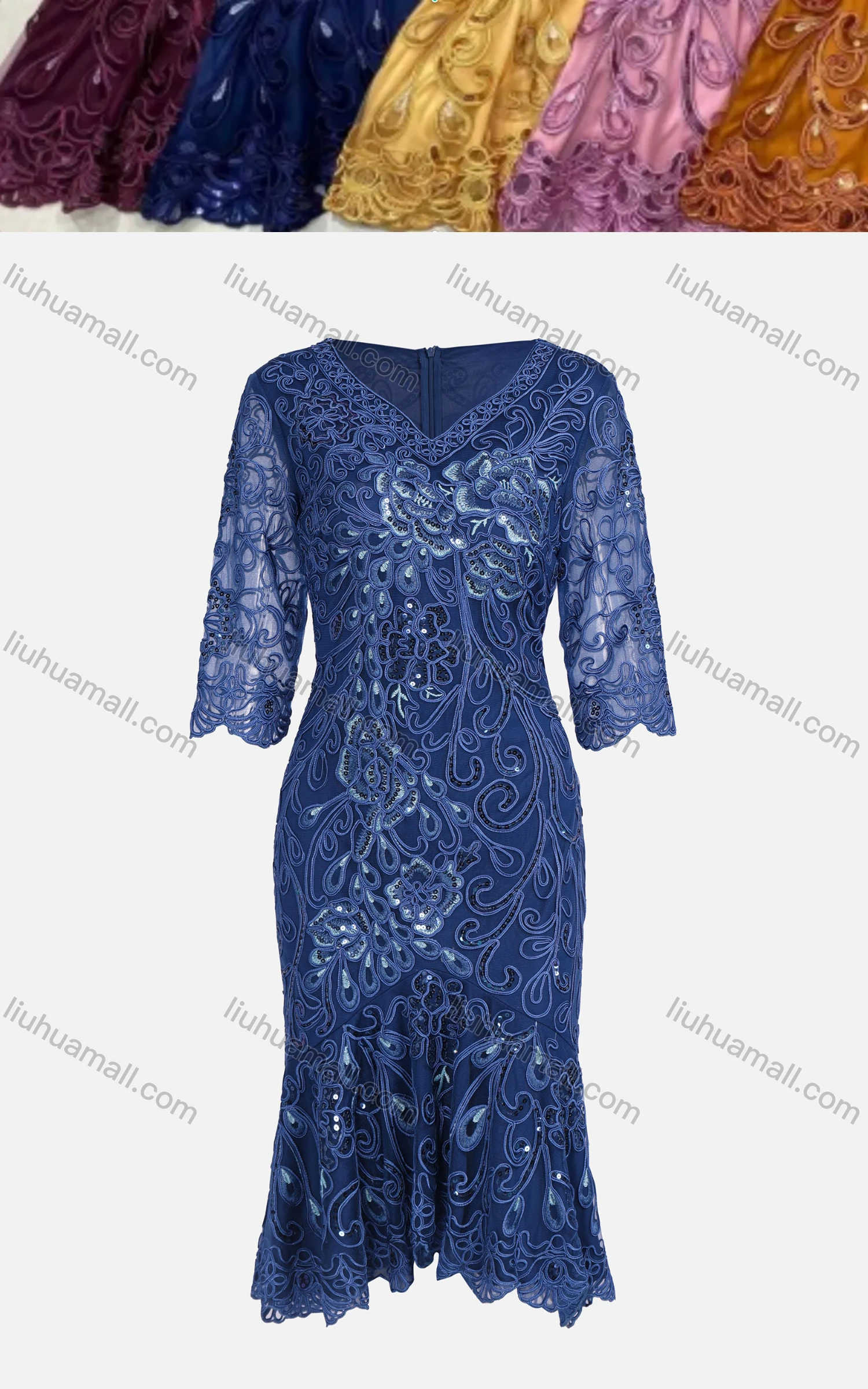 Wholesale Women's Glamorous V Neck Lace Trim Beaded Sequin High Waist Dress DF1306# - Liuhuamall
