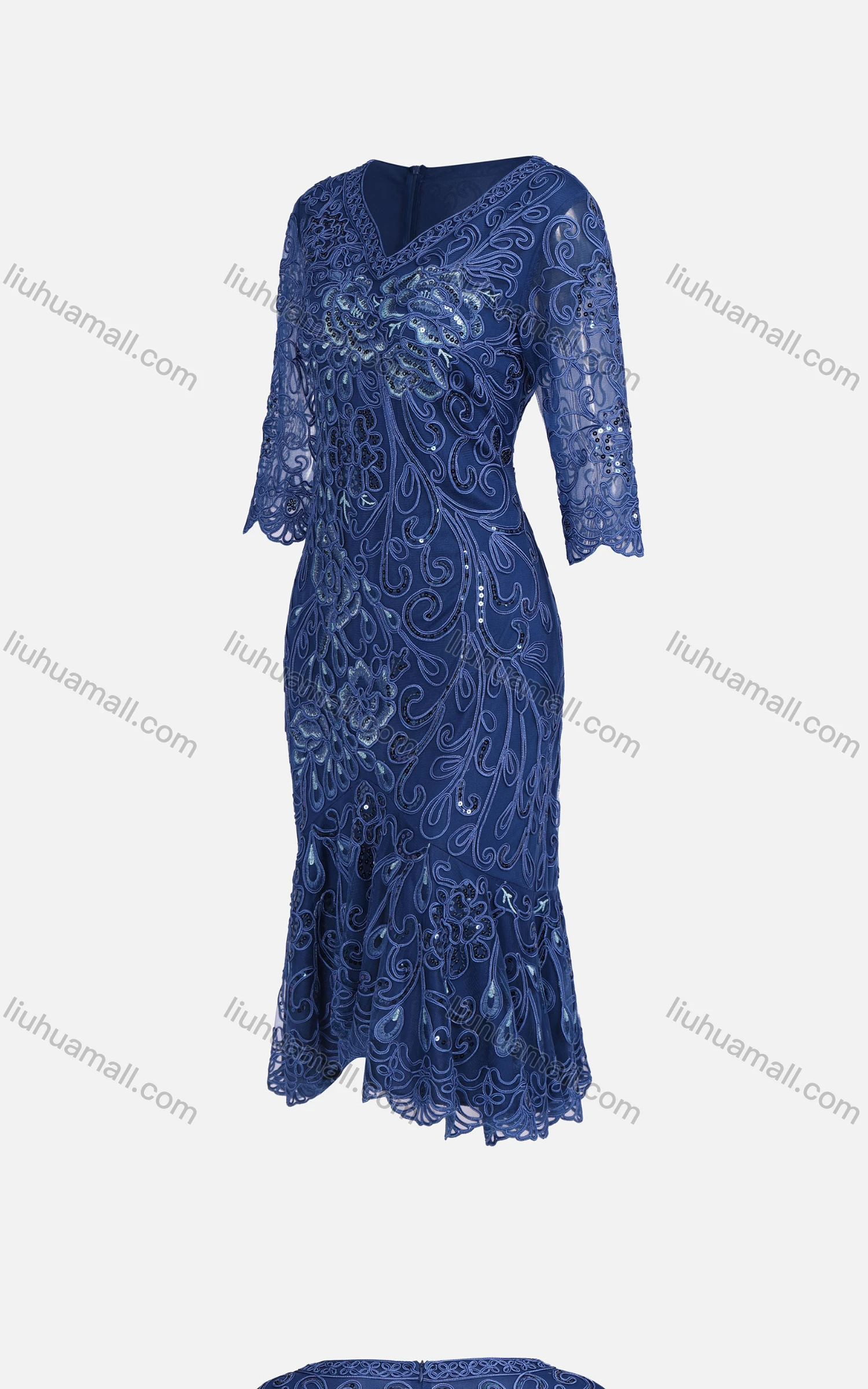 Wholesale Women's Glamorous V Neck Lace Trim Beaded Sequin High Waist Dress DF1306# - Liuhuamall