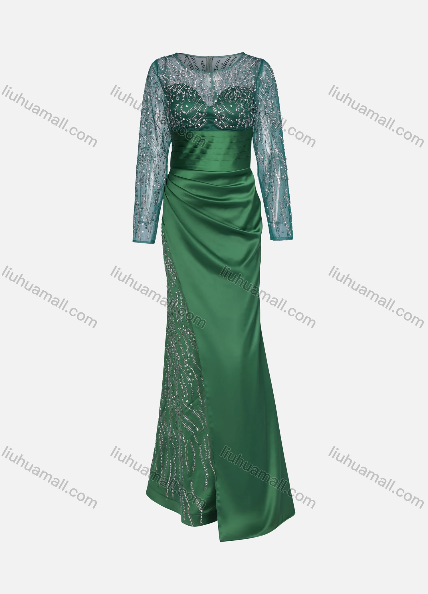 Wholesale Women's Elegant Mesh Stitching Rhinestone Appliques High Waist Long Sleeve Ruffle Hem Floor Length Evening Dress - Liuhuamall