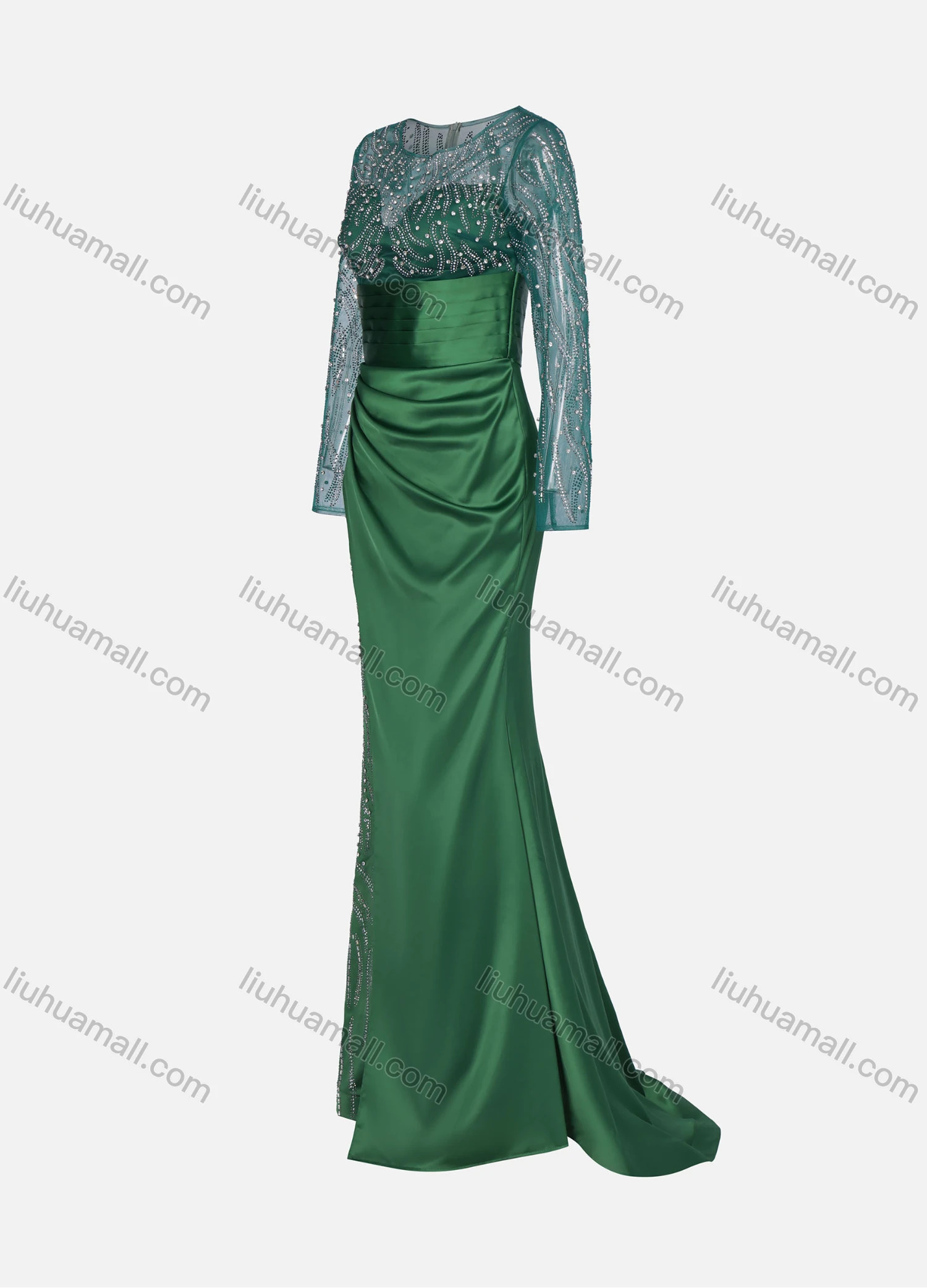 Wholesale Women's Elegant Mesh Stitching Rhinestone Appliques High Waist Long Sleeve Ruffle Hem Floor Length Evening Dress - Liuhuamall