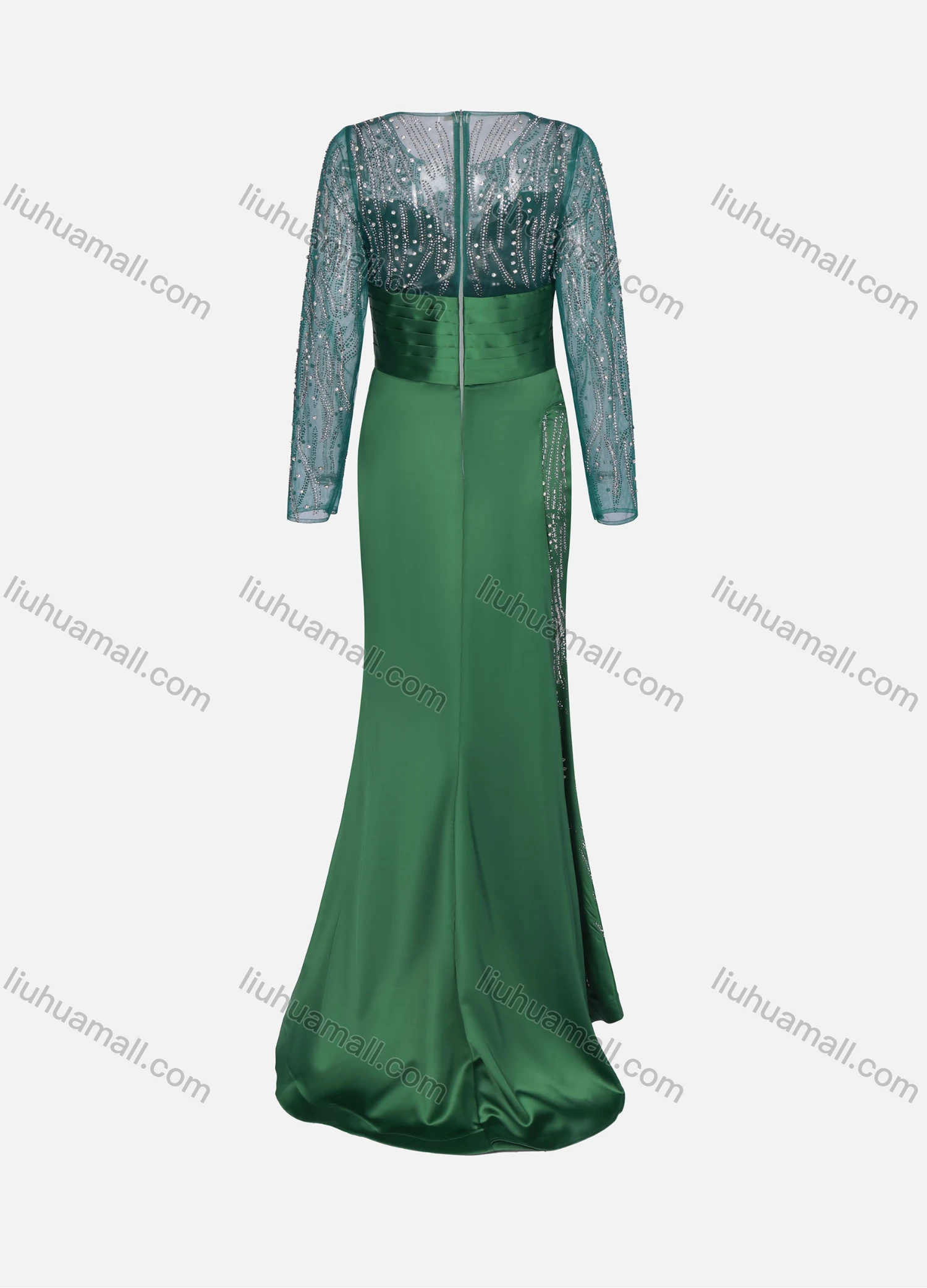 Wholesale Women's Elegant Mesh Stitching Rhinestone Appliques High Waist Long Sleeve Ruffle Hem Floor Length Evening Dress - Liuhuamall