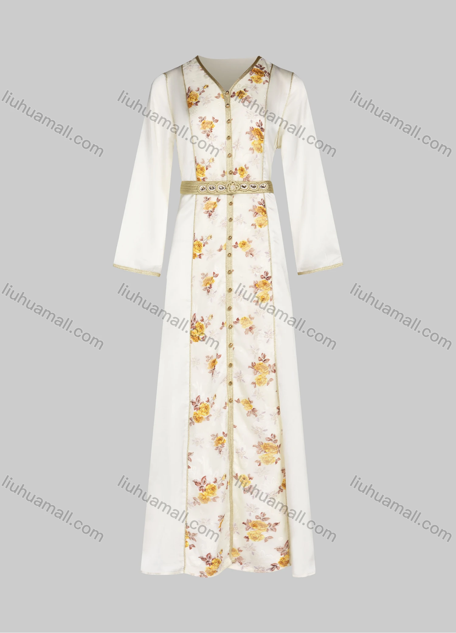 Wholesale Women's Elegant Floral Embroidery Pearls Long Sleeve Maxi Evening Dress With Belt - Liuhuamall