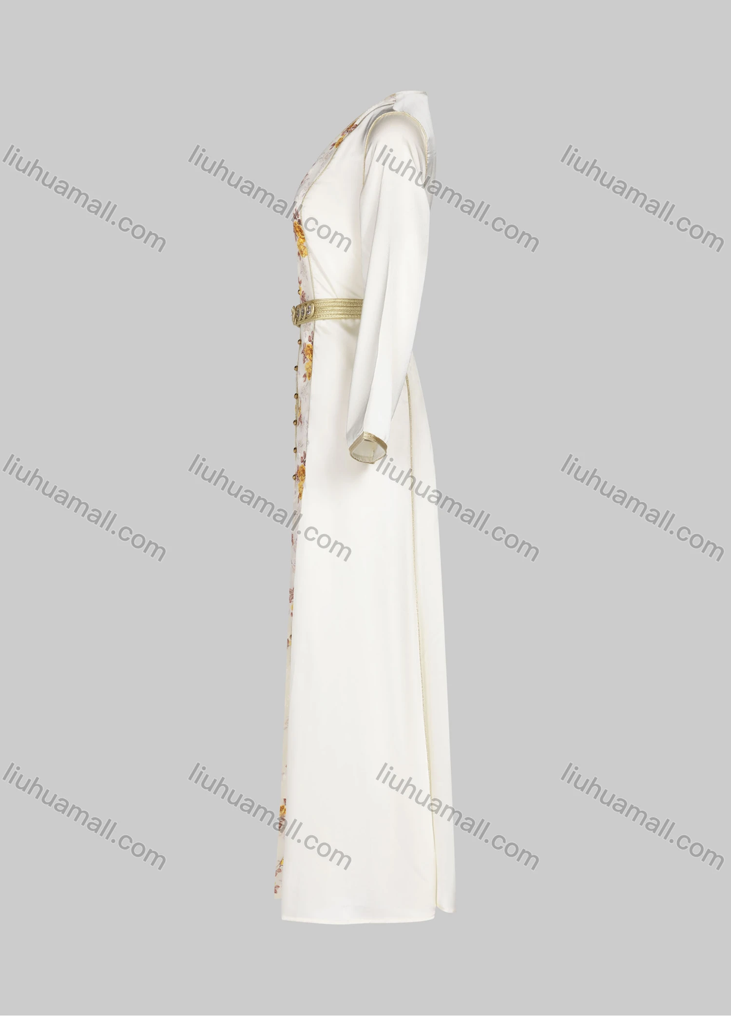 Wholesale Women's Elegant Floral Embroidery Pearls Long Sleeve Maxi Evening Dress With Belt - Liuhuamall