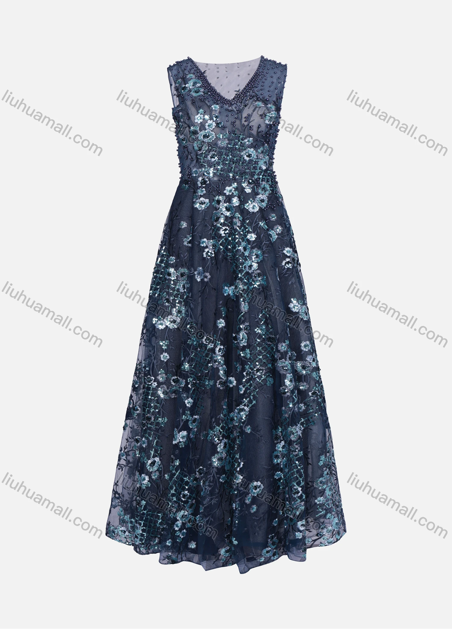 Wholesale Women's Elegant Pearl Decors Rhinestone Flower Appliques Mesh Stitching Maxi Evening Dress - Liuhuamall
