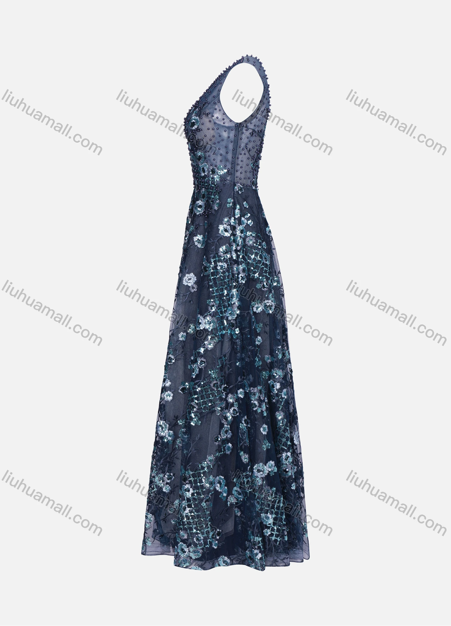 Wholesale Women's Elegant Pearl Decors Rhinestone Flower Appliques Mesh Stitching Maxi Evening Dress - Liuhuamall