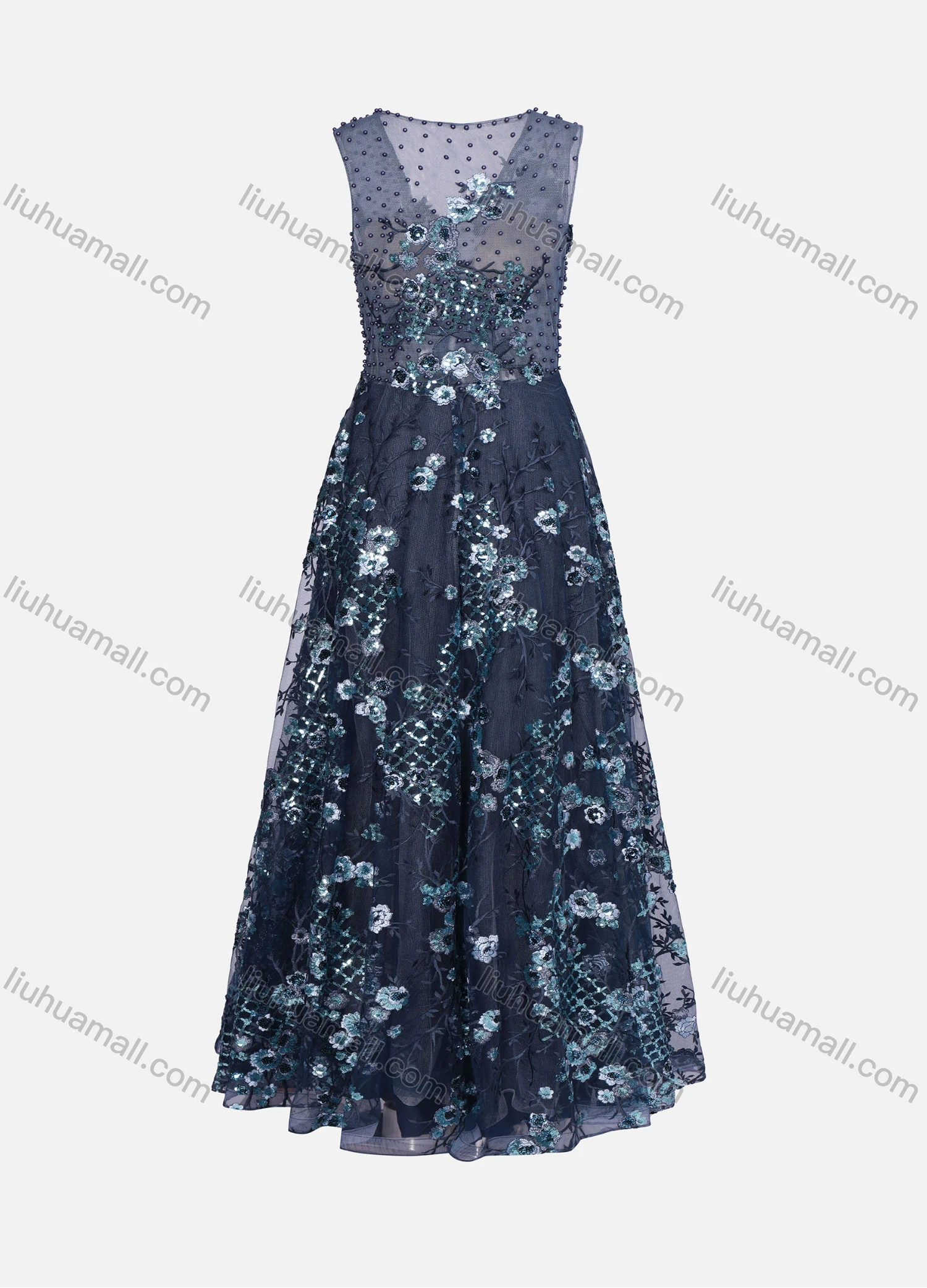 Wholesale Women's Elegant Pearl Decors Rhinestone Flower Appliques Mesh Stitching Maxi Evening Dress - Liuhuamall