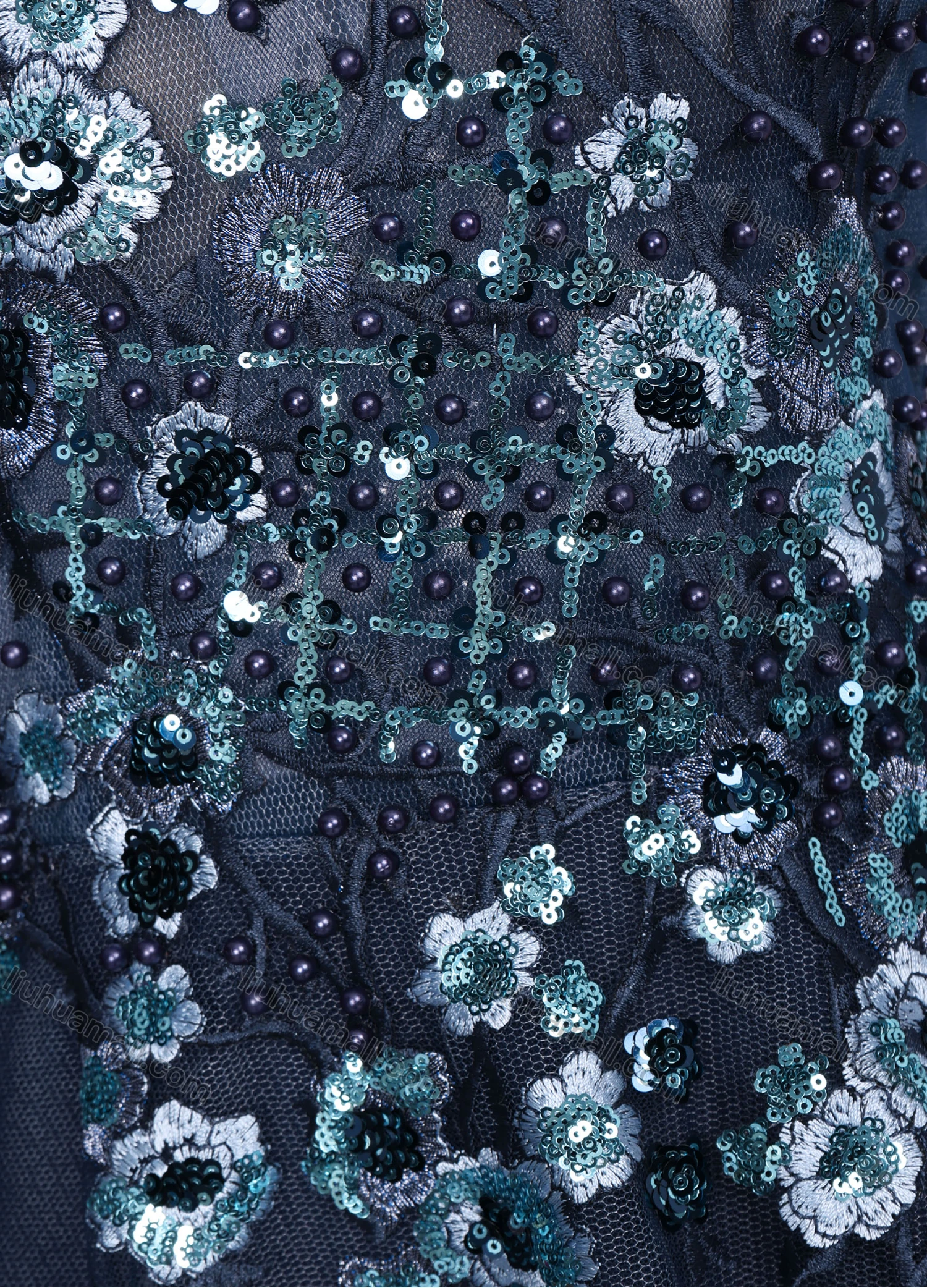 Wholesale Women's Elegant Pearl Decors Rhinestone Flower Appliques Mesh Stitching Maxi Evening Dress - Liuhuamall
