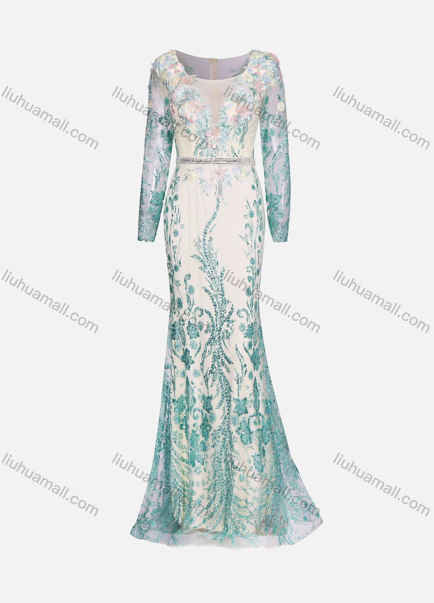 Wholesale Women's Elegant Pearl Decors Rhinestone Flower Appliques Mesh Stitching Floor Length Evening Dress With Belt - Liuhuamall