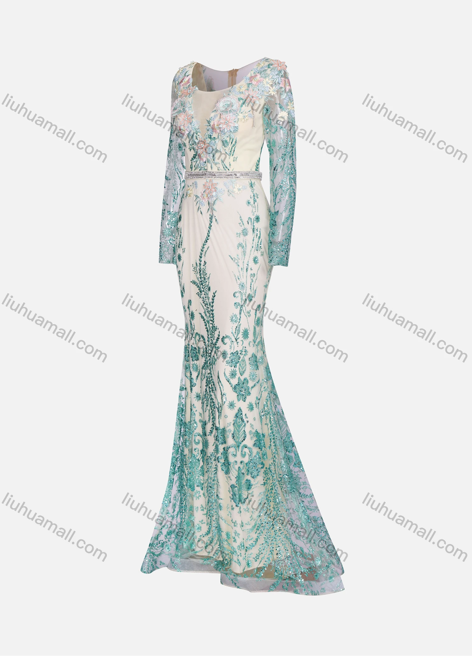 Wholesale Women's Elegant Pearl Decors Rhinestone Flower Appliques Mesh Stitching Floor Length Evening Dress With Belt - Liuhuamall