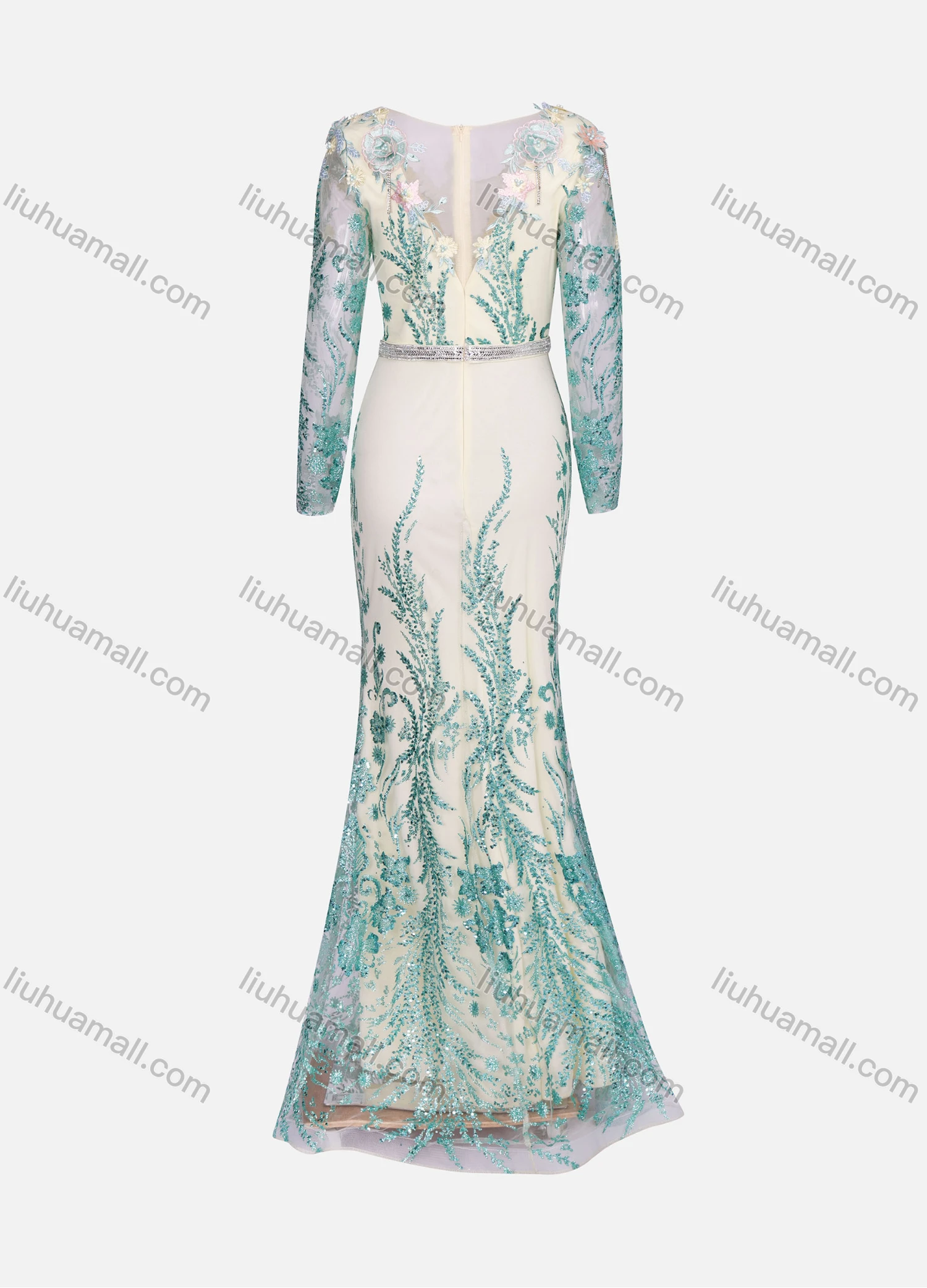 Wholesale Women's Elegant Pearl Decors Rhinestone Flower Appliques Mesh Stitching Floor Length Evening Dress With Belt - Liuhuamall