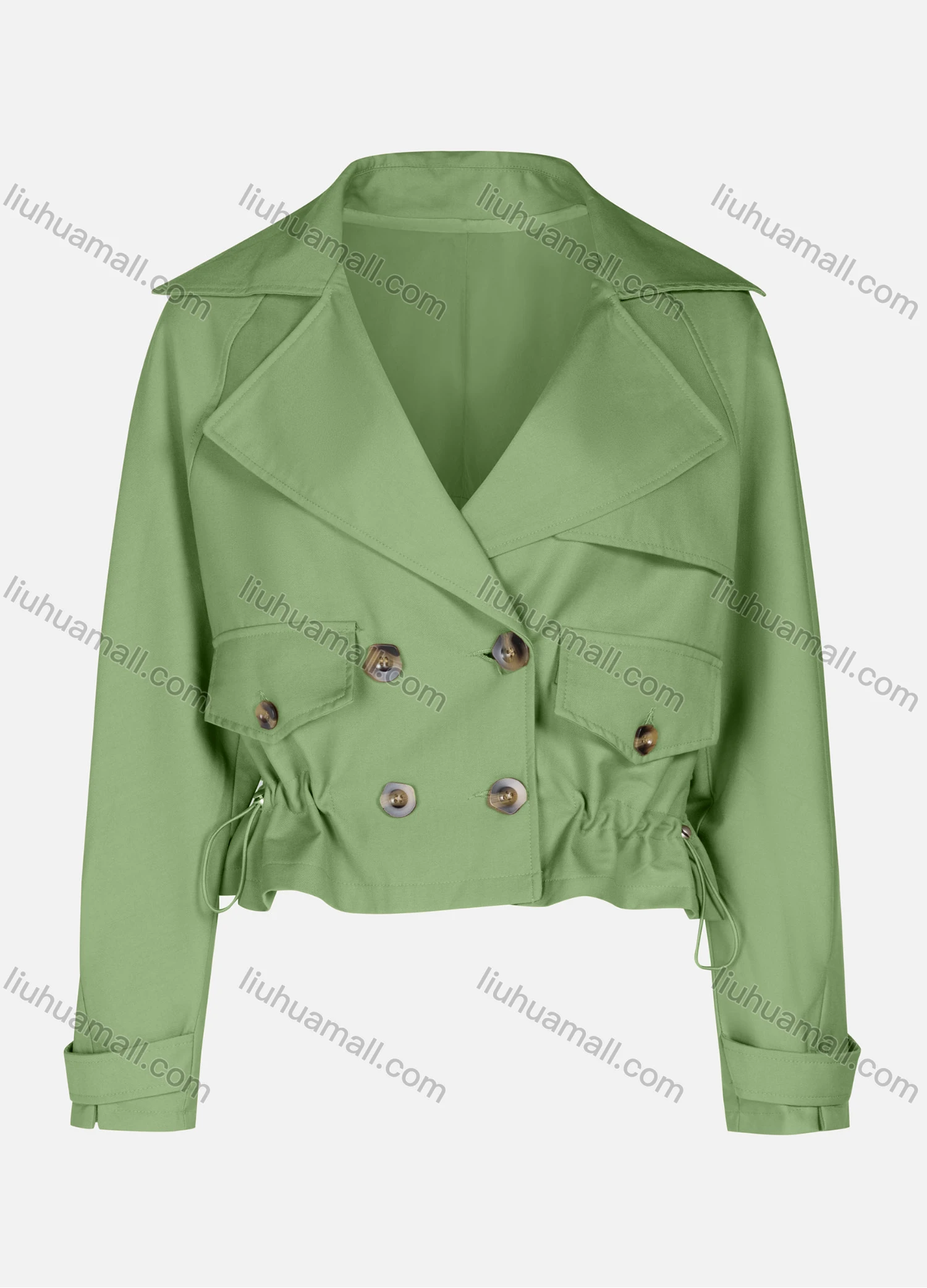 Wholesale Women's Casual Plain Lapel Double Breasted Long Sleeve Flap Pockets Drawstring Crop Trench Coat Jacket - Liuhuamall