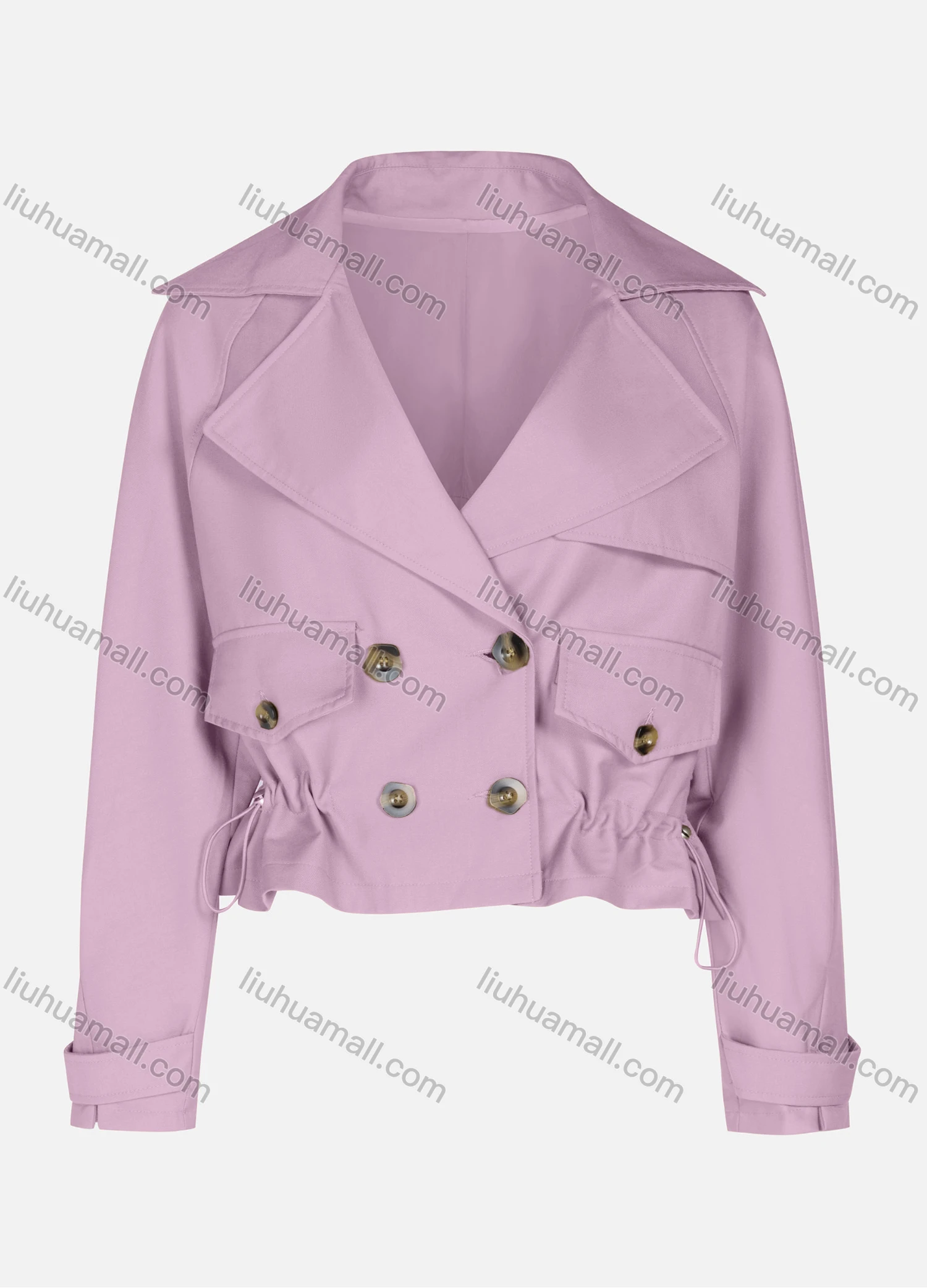 Wholesale Women's Casual Plain Lapel Double Breasted Long Sleeve Flap Pockets Drawstring Crop Trench Coat Jacket - Liuhuamall