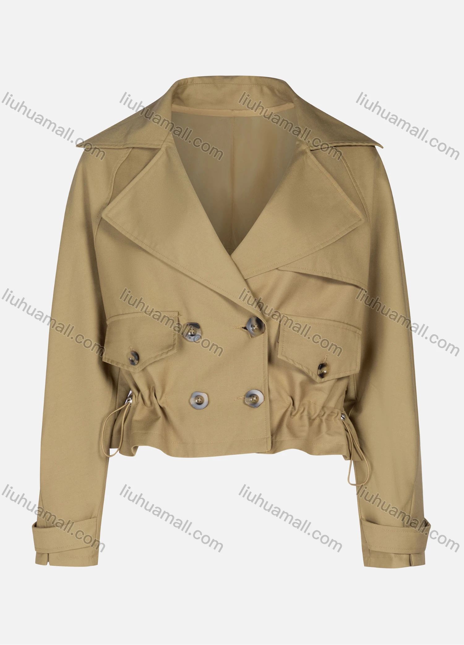 Wholesale Women's Casual Plain Lapel Double Breasted Long Sleeve Flap Pockets Drawstring Crop Trench Coat Jacket - Liuhuamall