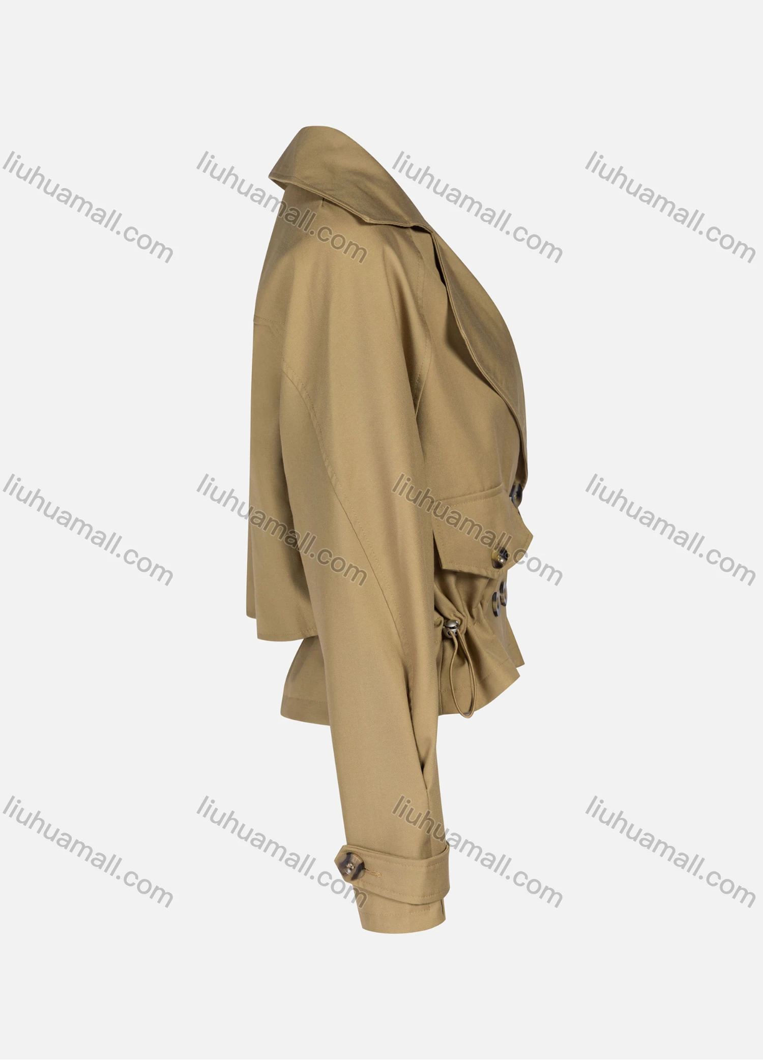Wholesale Women's Casual Plain Lapel Double Breasted Long Sleeve Flap Pockets Drawstring Crop Trench Coat Jacket - Liuhuamall