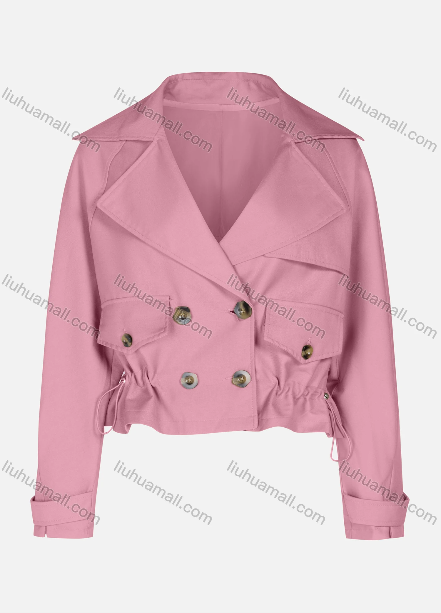 Wholesale Women's Casual Plain Lapel Double Breasted Long Sleeve Flap Pockets Drawstring Crop Trench Coat Jacket - Liuhuamall