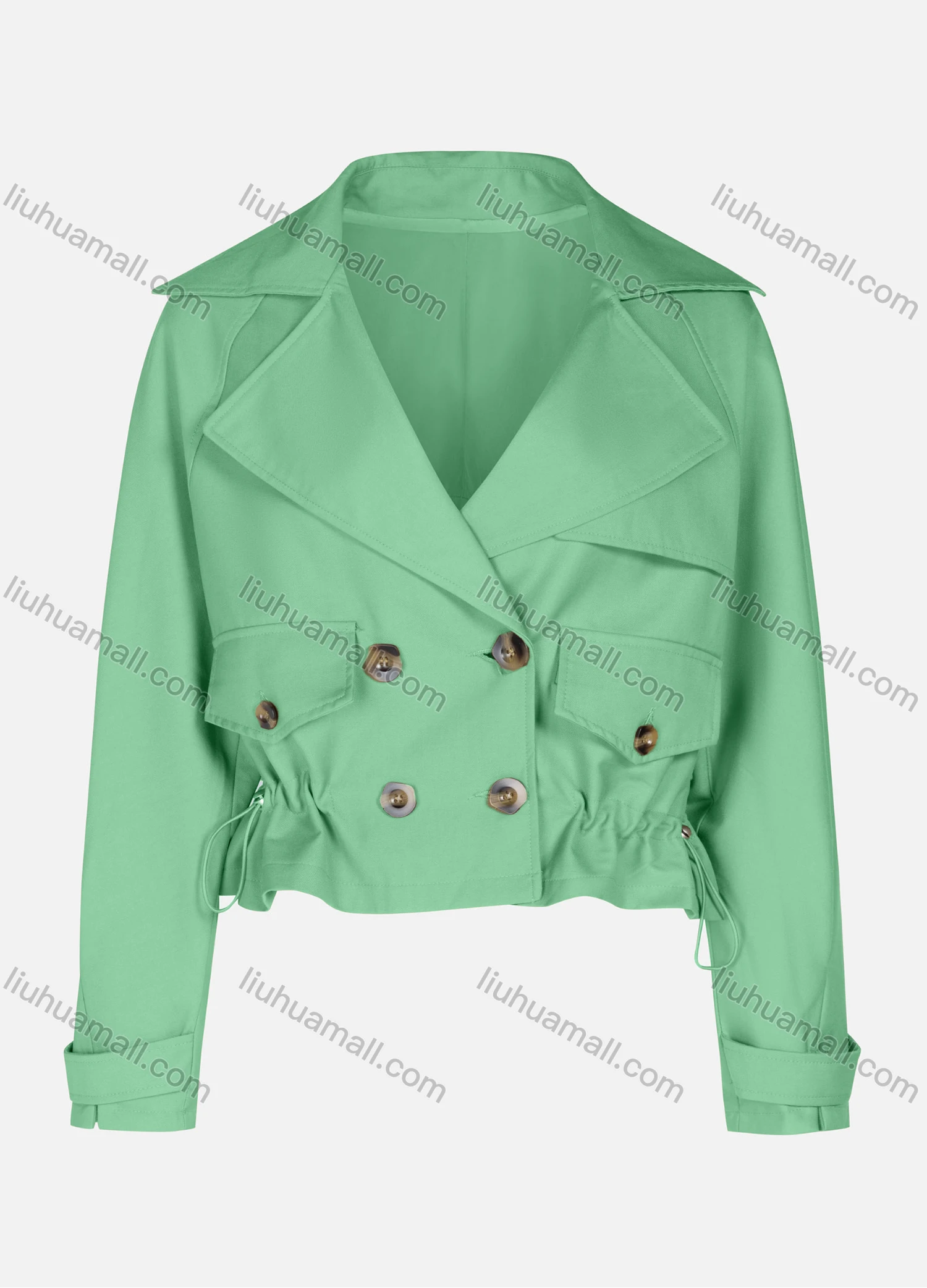 Wholesale Women's Casual Plain Lapel Double Breasted Long Sleeve Flap Pockets Drawstring Crop Trench Coat Jacket - Liuhuamall