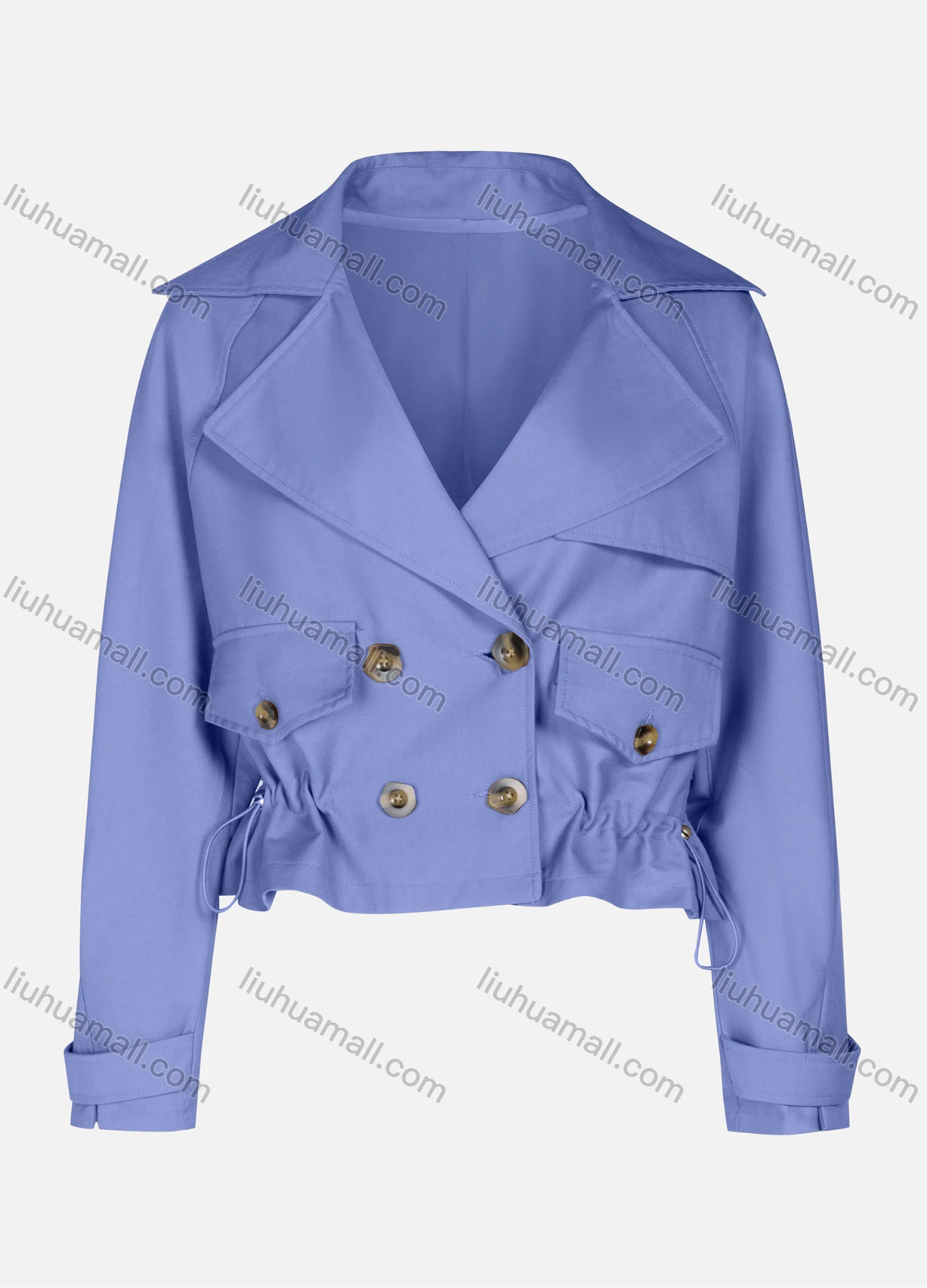 Wholesale Women's Casual Plain Lapel Double Breasted Long Sleeve Flap Pockets Drawstring Crop Trench Coat Jacket - Liuhuamall