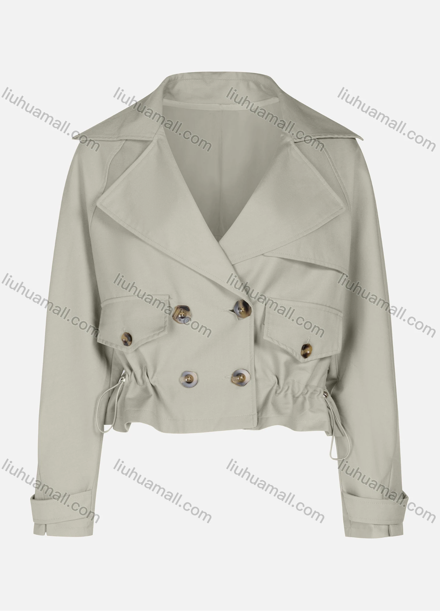Wholesale Women's Casual Plain Lapel Double Breasted Long Sleeve Flap Pockets Drawstring Crop Trench Coat Jacket - Liuhuamall
