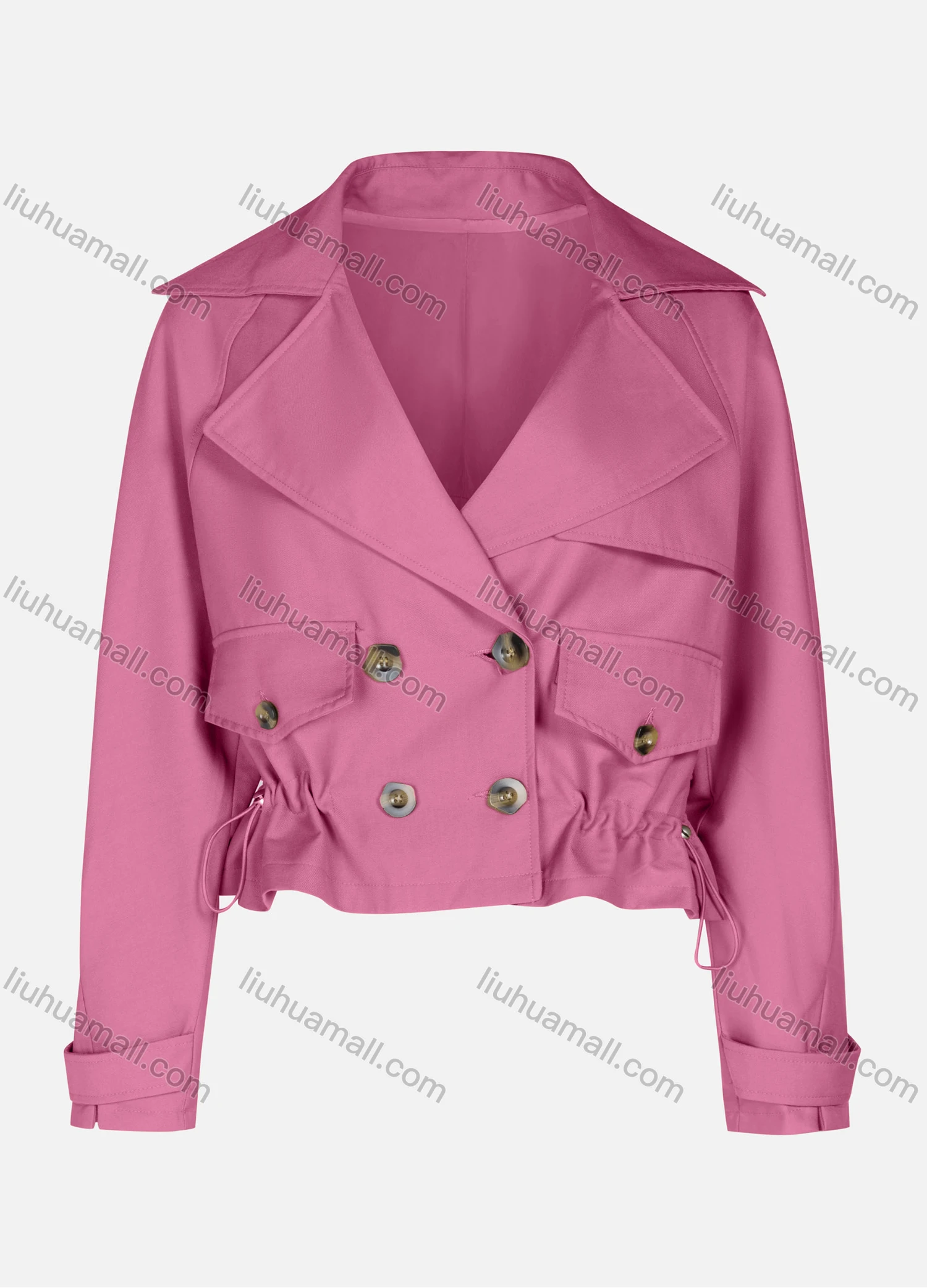 Wholesale Women's Casual Plain Lapel Double Breasted Long Sleeve Flap Pockets Drawstring Crop Trench Coat Jacket - Liuhuamall