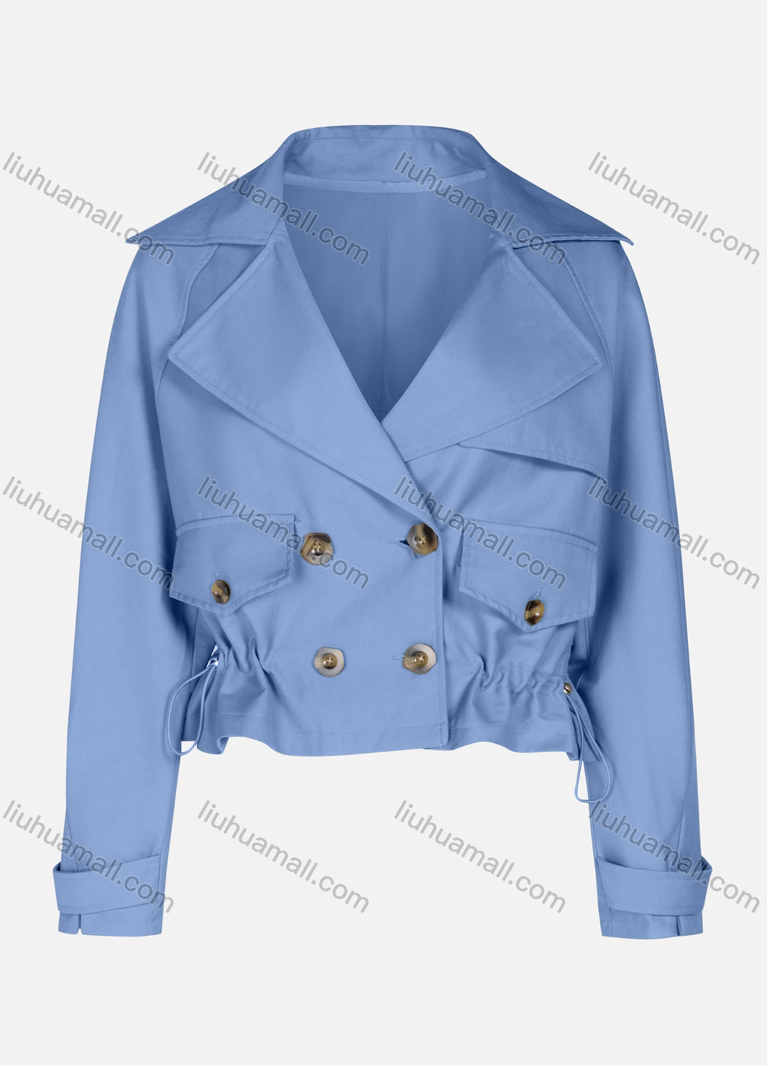 Wholesale Women's Casual Plain Lapel Double Breasted Long Sleeve Flap Pockets Drawstring Crop Trench Coat Jacket - Liuhuamall