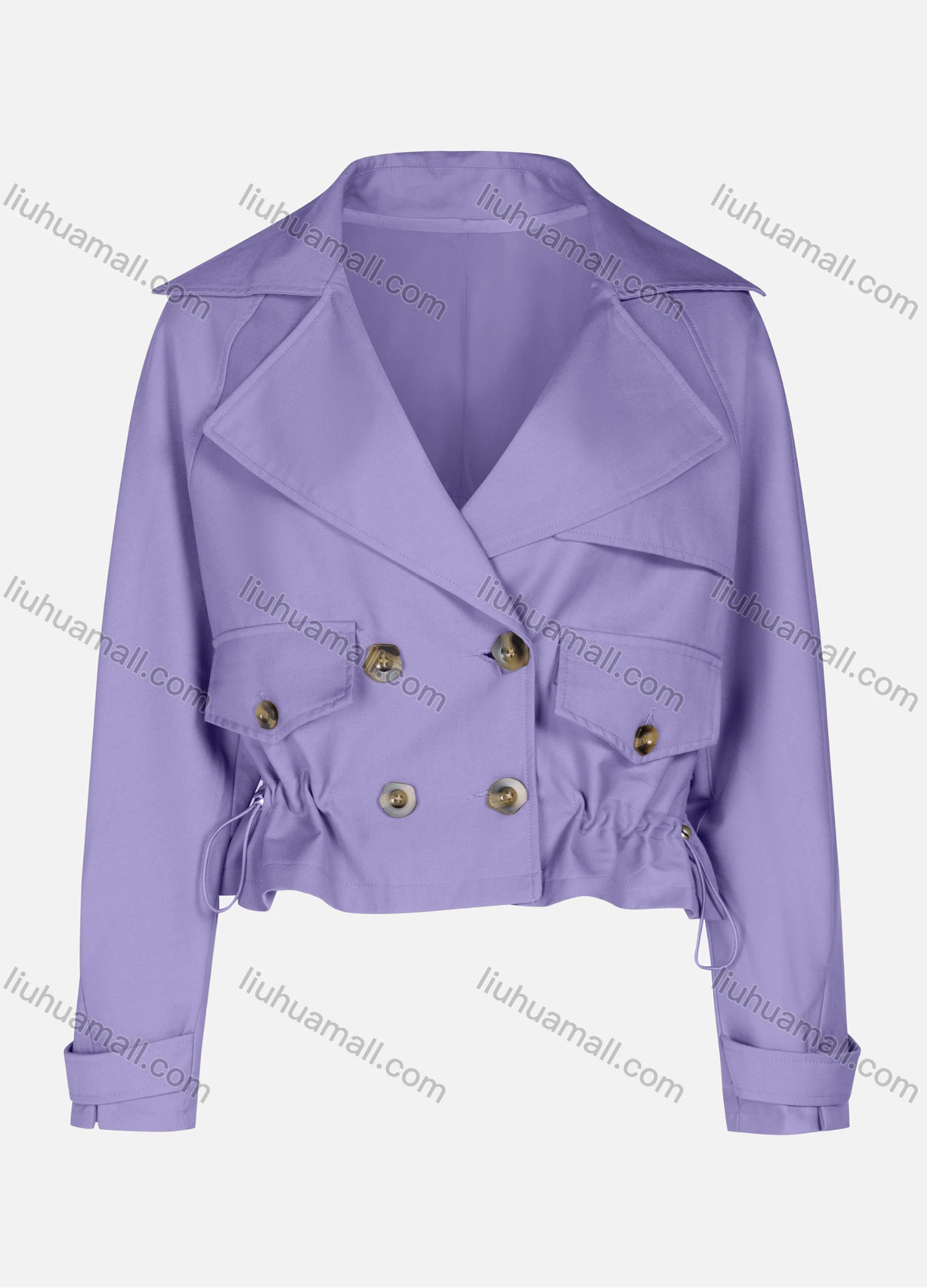 Wholesale Women's Casual Plain Lapel Double Breasted Long Sleeve Flap Pockets Drawstring Crop Trench Coat Jacket - Liuhuamall