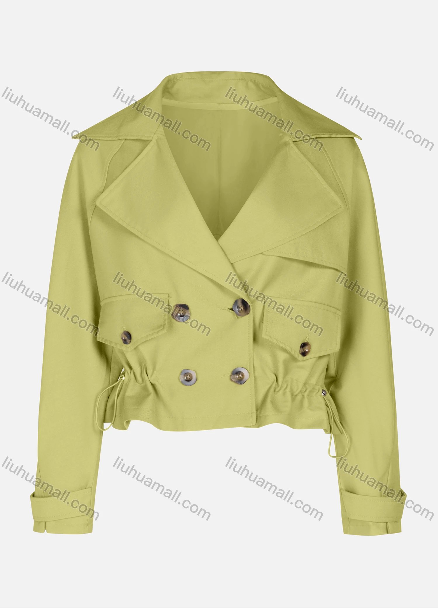 Wholesale Women's Casual Plain Lapel Double Breasted Long Sleeve Flap Pockets Drawstring Crop Trench Coat Jacket - Liuhuamall