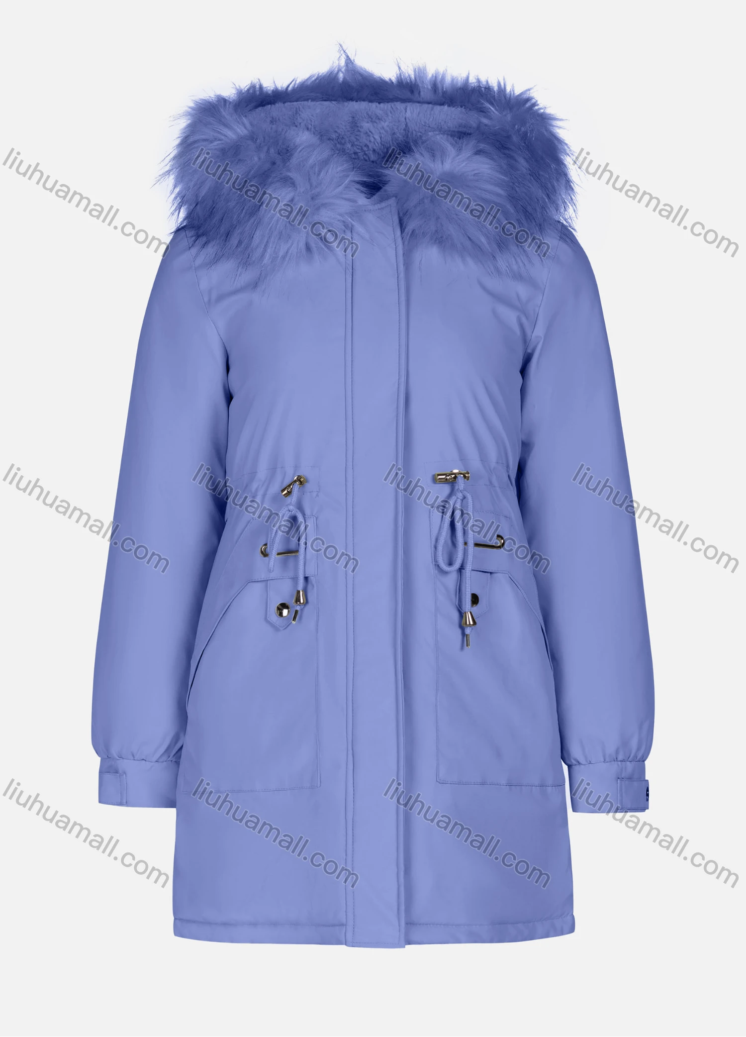 Wholesale Women's Casual Plain Long Sleeve Drawstring Fluffy Hooded Parka - Liuhuamall