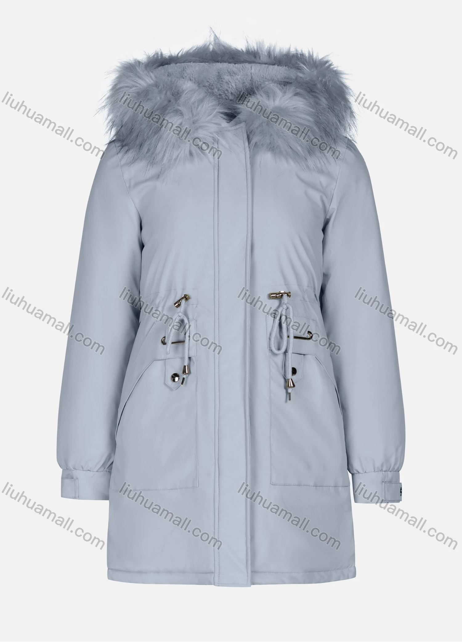 Wholesale Women's Casual Plain Long Sleeve Drawstring Fluffy Hooded Parka - Liuhuamall