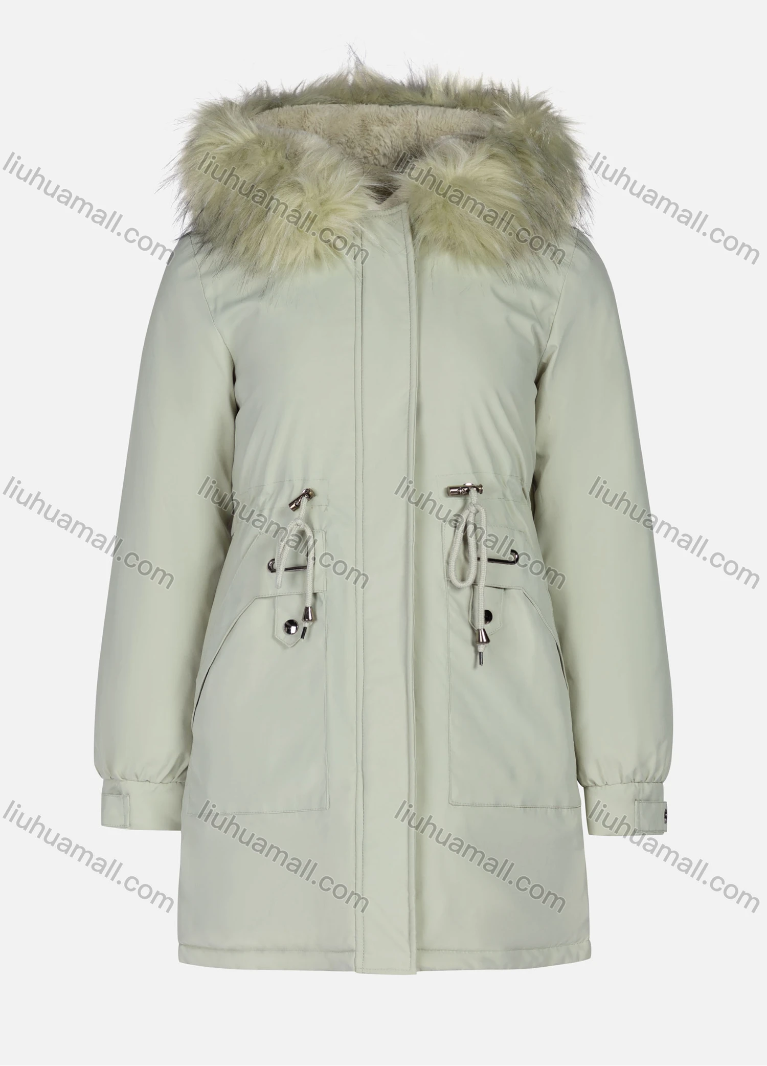 Wholesale Women's Casual Plain Long Sleeve Drawstring Fluffy Hooded Parka - Liuhuamall