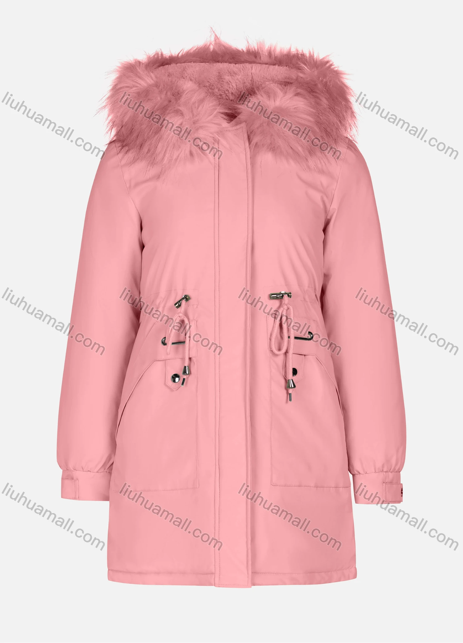 Wholesale Women's Casual Plain Long Sleeve Drawstring Fluffy Hooded Parka - Liuhuamall