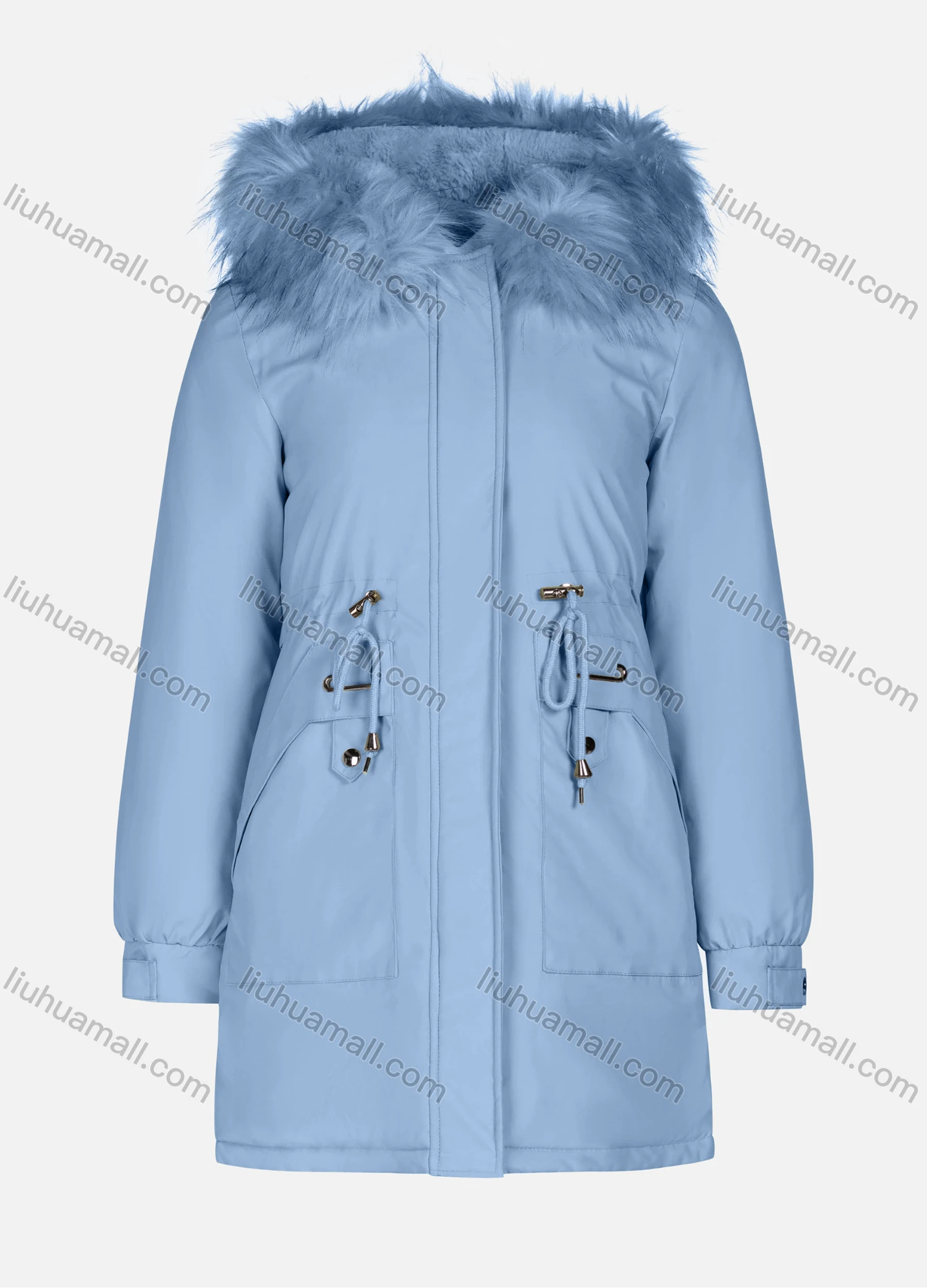Wholesale Women's Casual Plain Long Sleeve Drawstring Fluffy Hooded Parka - Liuhuamall