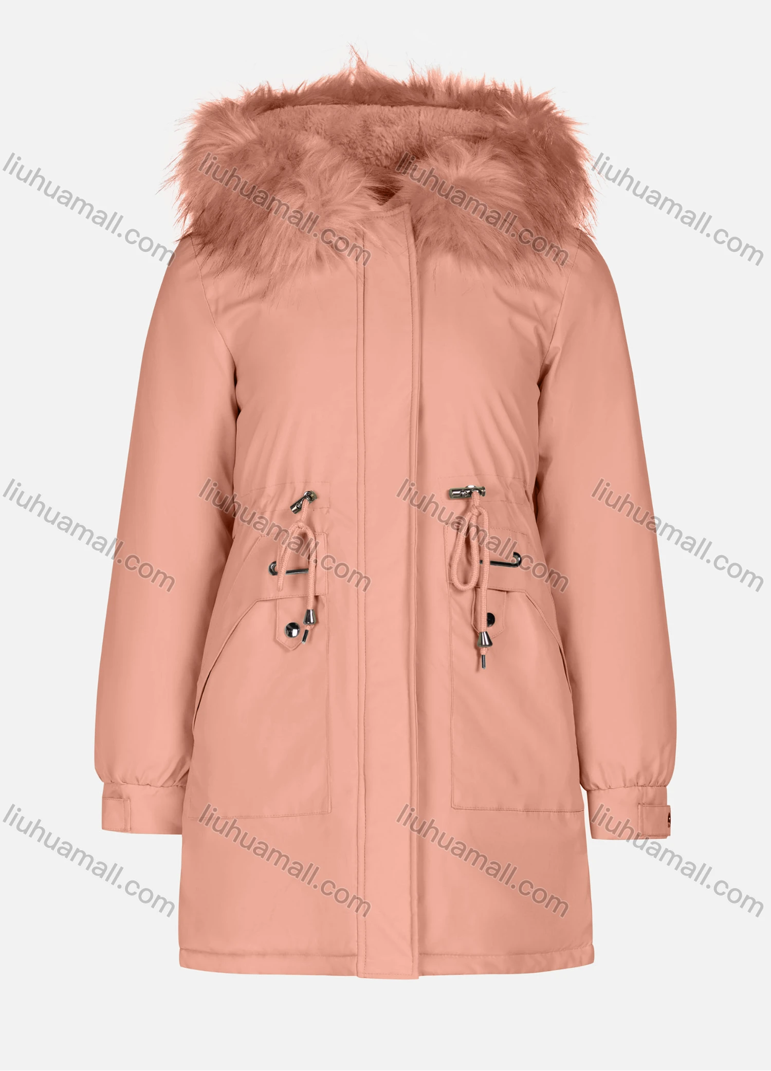 Wholesale Women's Casual Plain Long Sleeve Drawstring Fluffy Hooded Parka - Liuhuamall