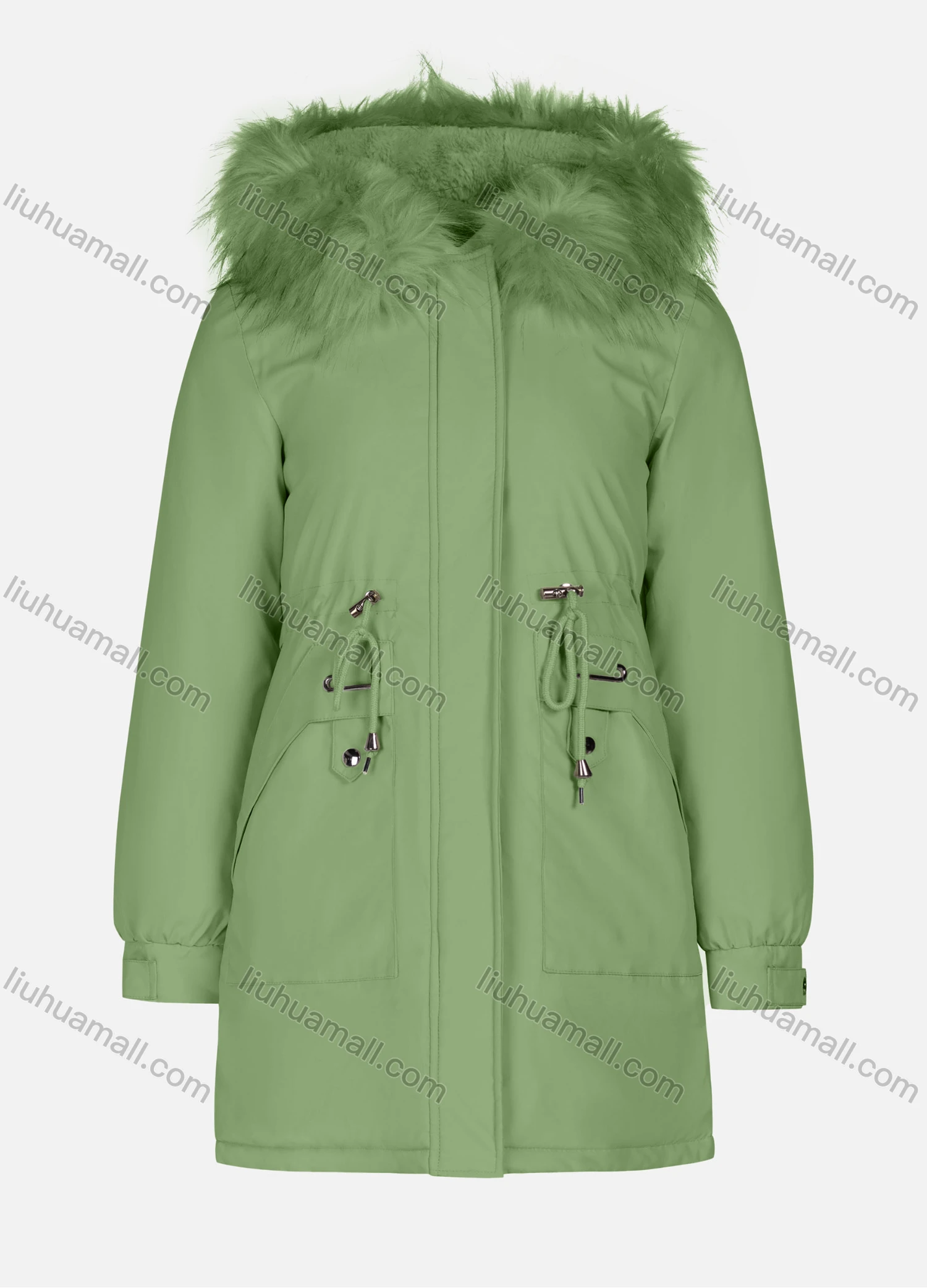 Wholesale Women's Casual Plain Long Sleeve Drawstring Fluffy Hooded Parka - Liuhuamall