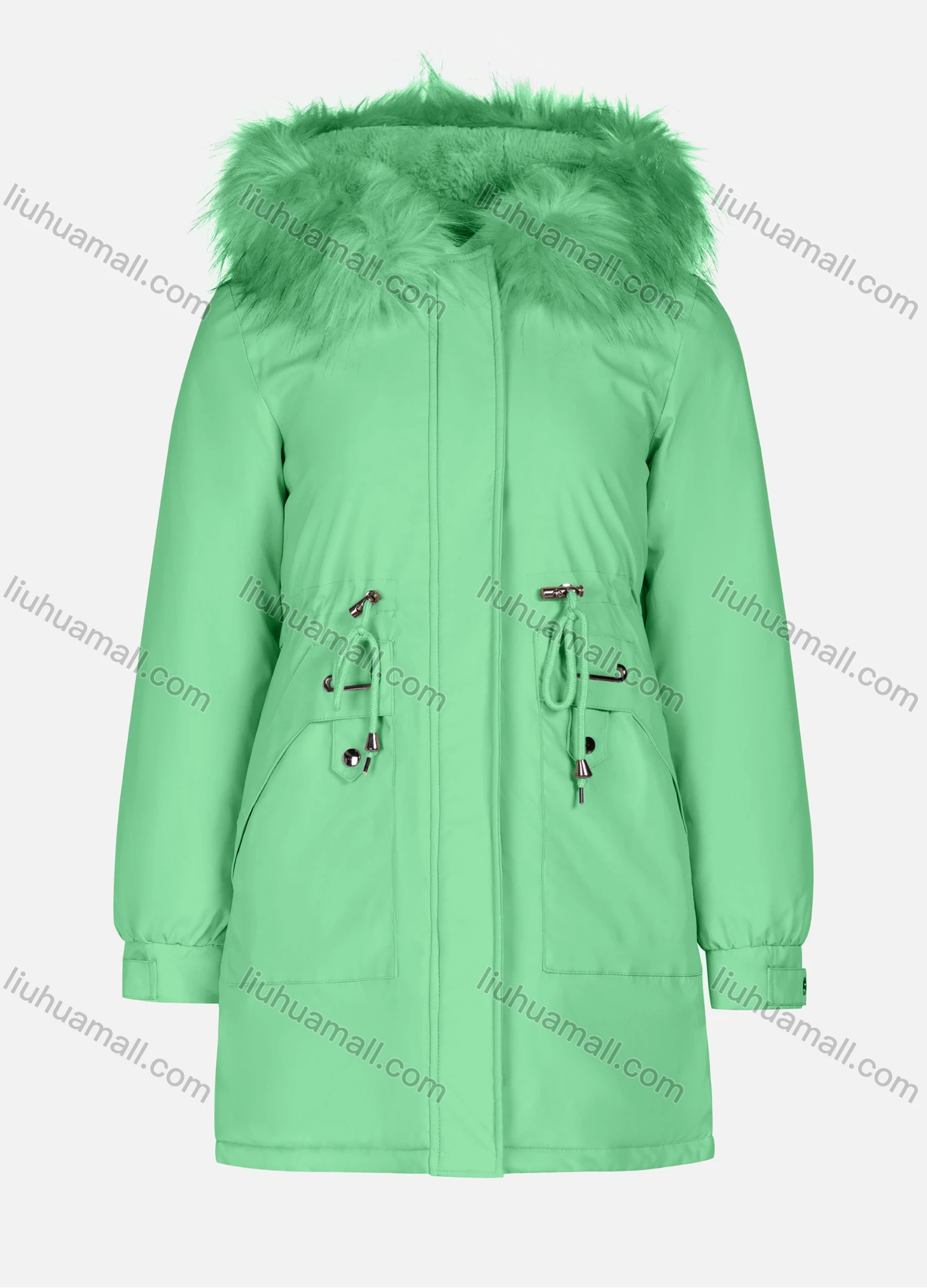Wholesale Women's Casual Plain Long Sleeve Drawstring Fluffy Hooded Parka - Liuhuamall