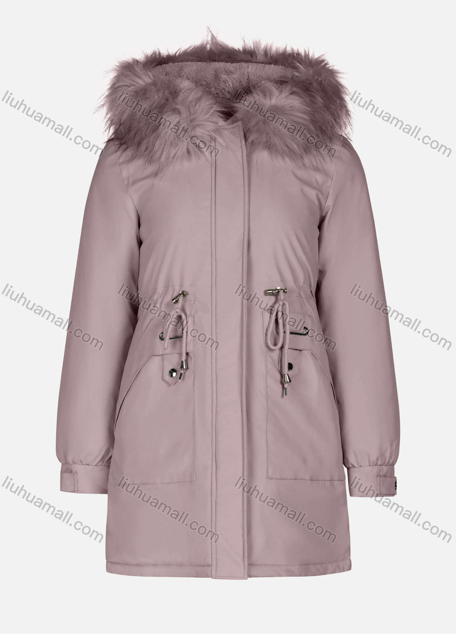 Wholesale Women's Casual Plain Long Sleeve Drawstring Fluffy Hooded Parka - Liuhuamall
