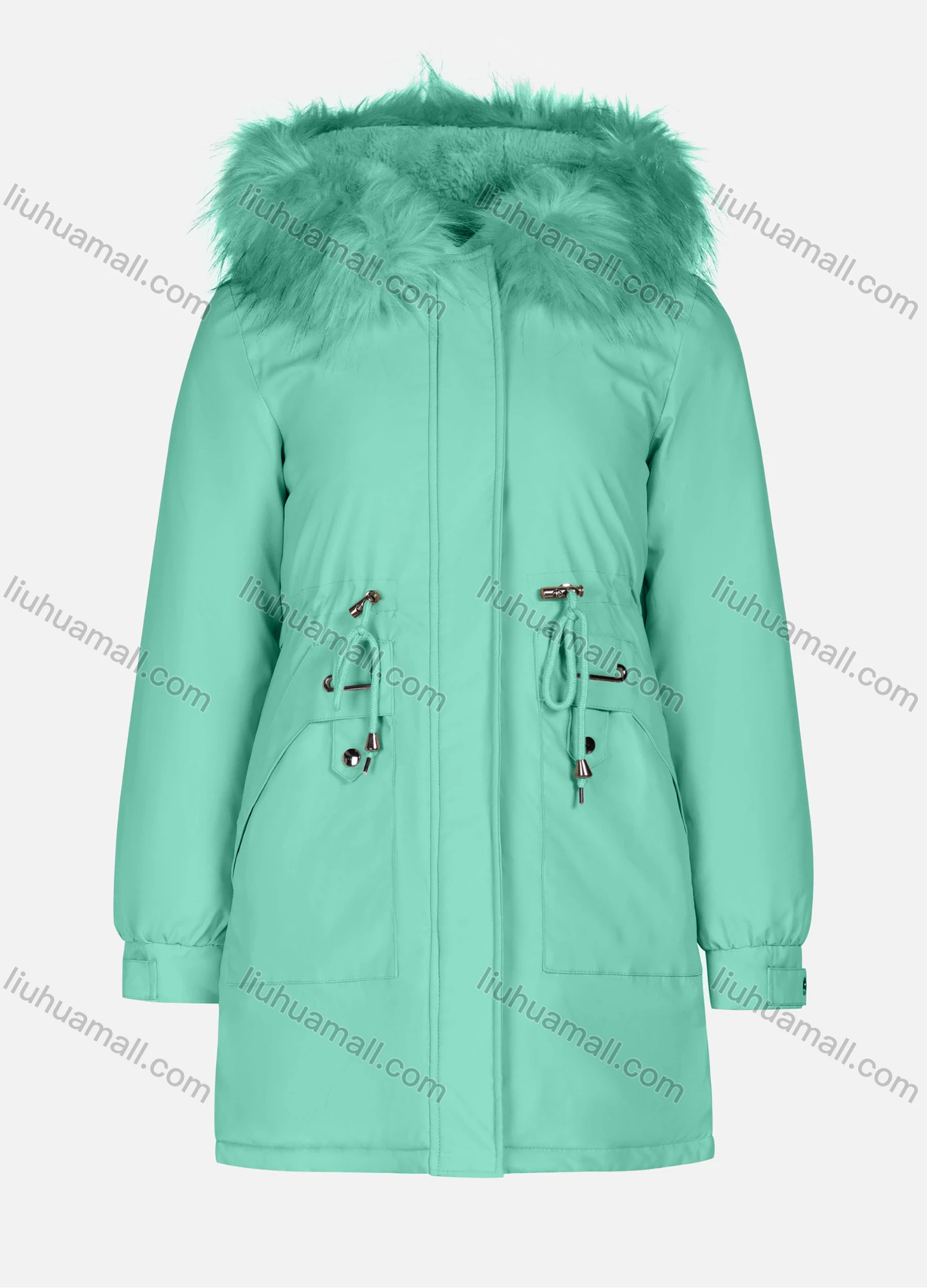Wholesale Women's Casual Plain Long Sleeve Drawstring Fluffy Hooded Parka - Liuhuamall