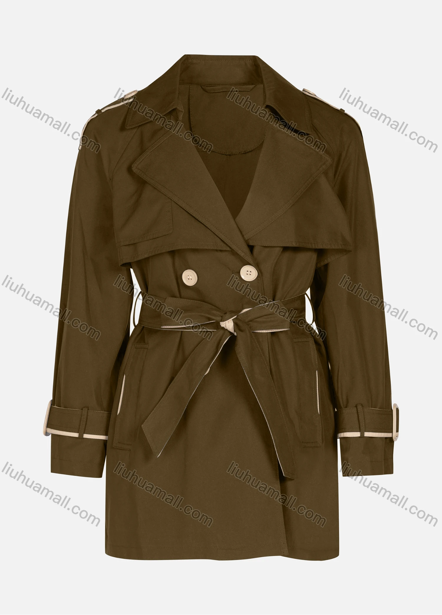 Wholesale Women's Casual Plain Lapel Button Closure Long Sleeve Trench Coat With Belt - Liuhuamall