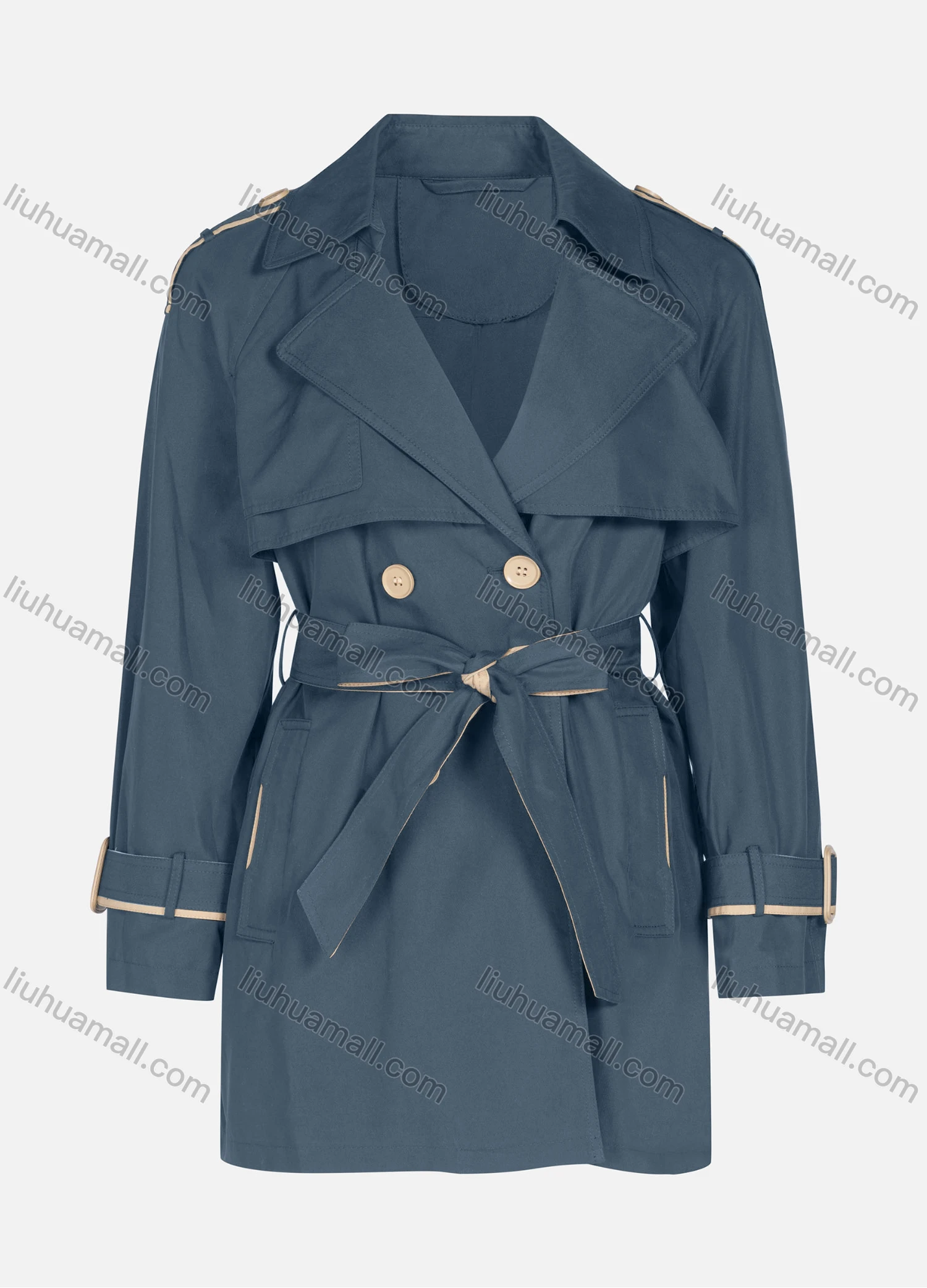 Wholesale Women's Casual Plain Lapel Button Closure Long Sleeve Trench Coat With Belt - Liuhuamall
