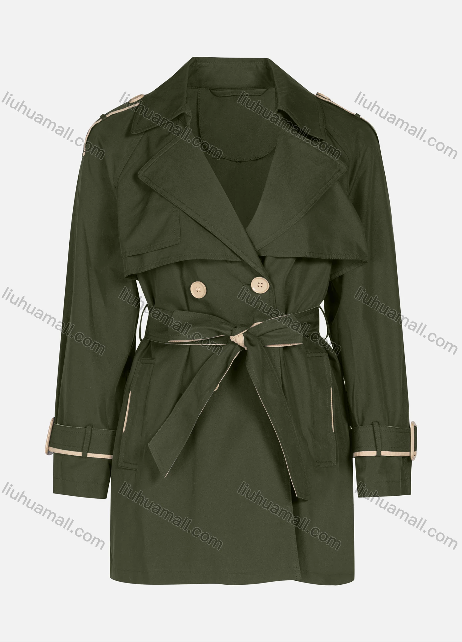 Wholesale Women's Casual Plain Lapel Button Closure Long Sleeve Trench Coat With Belt - Liuhuamall