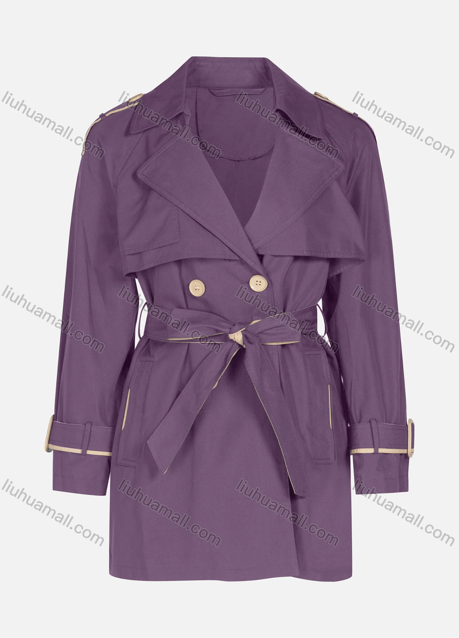 Wholesale Women's Casual Plain Lapel Button Closure Long Sleeve Trench Coat With Belt - Liuhuamall