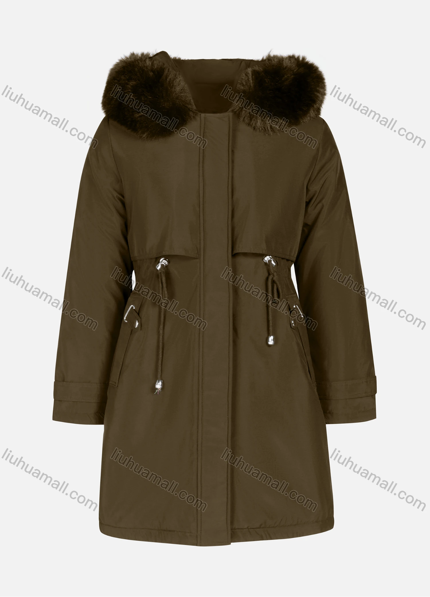 Wholesale Women's Casual Plain Long Sleeve Drawstring Fluffy Hooded Parka - Liuhuamall