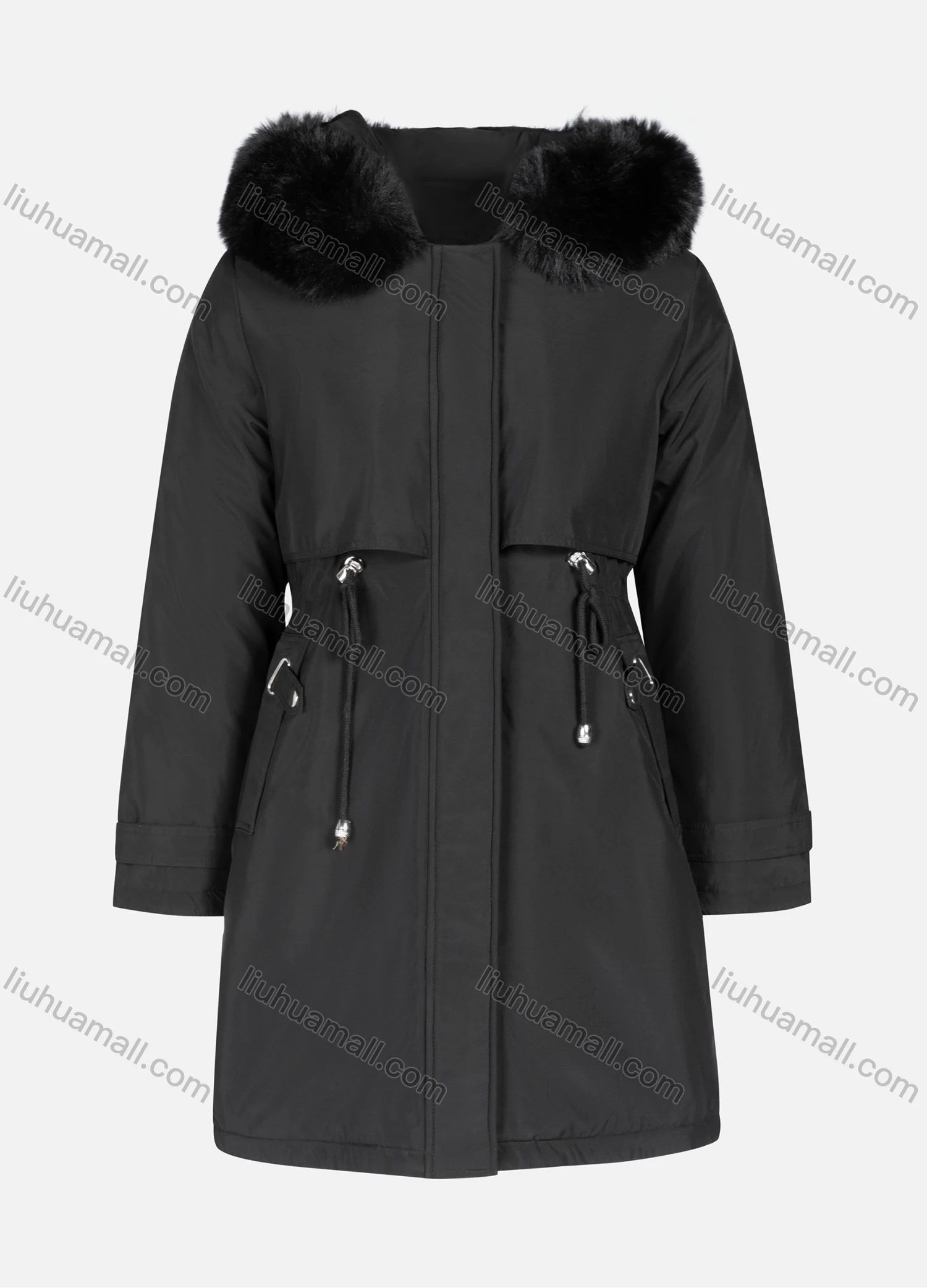 Wholesale Women's Casual Plain Long Sleeve Drawstring Fluffy Hooded Parka - Liuhuamall