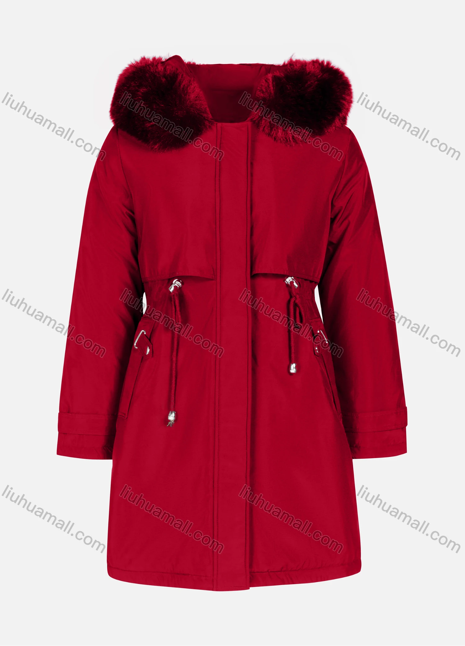 Wholesale Women's Casual Plain Long Sleeve Drawstring Fluffy Hooded Parka - Liuhuamall