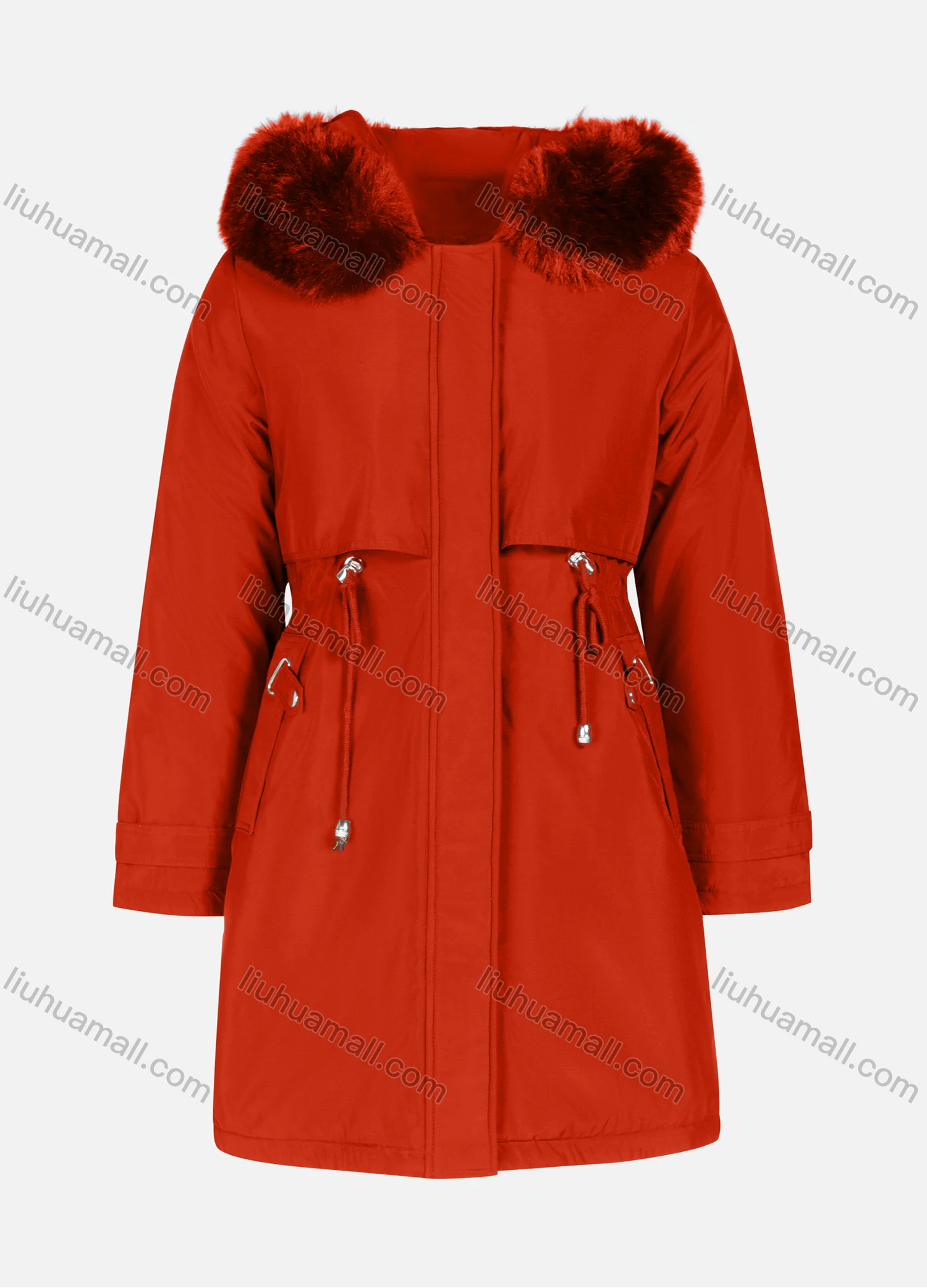 Wholesale Women's Casual Plain Long Sleeve Drawstring Fluffy Hooded Parka - Liuhuamall