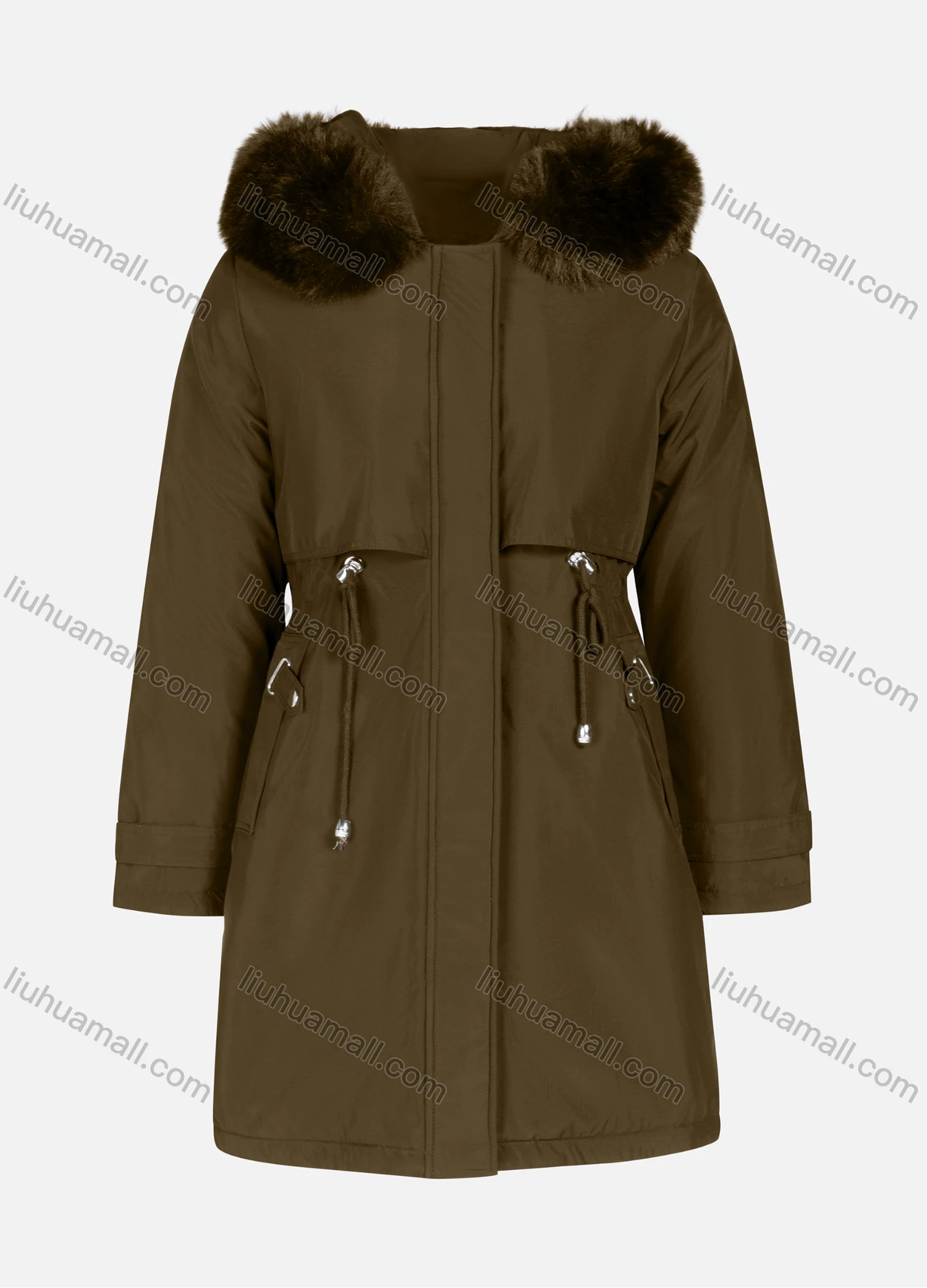 Wholesale Women's Casual Plain Long Sleeve Drawstring Fluffy Hooded Parka - Liuhuamall