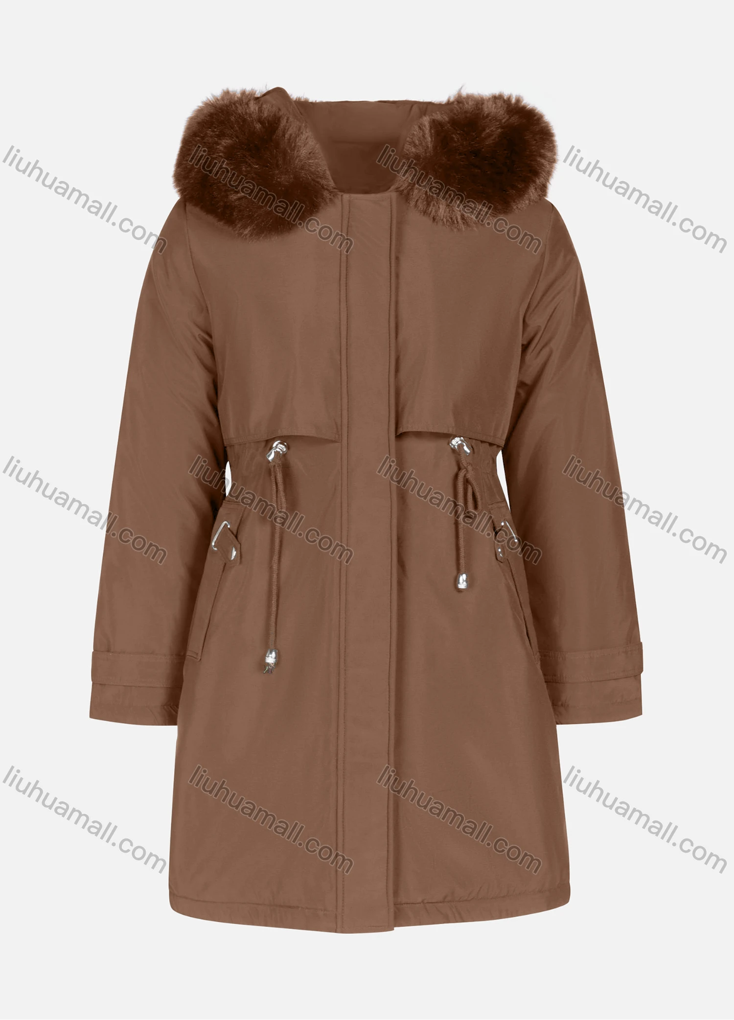Wholesale Women's Casual Plain Long Sleeve Drawstring Fluffy Hooded Parka - Liuhuamall