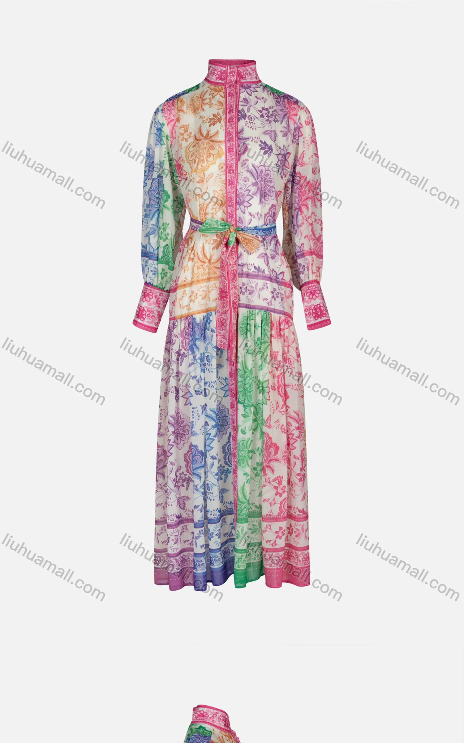 Wholesale Women's Chinese Traditional Elegant Stand Collar Floral Lace Up Button Down Chiffon Midi Dress 9018# - Liuhuamall