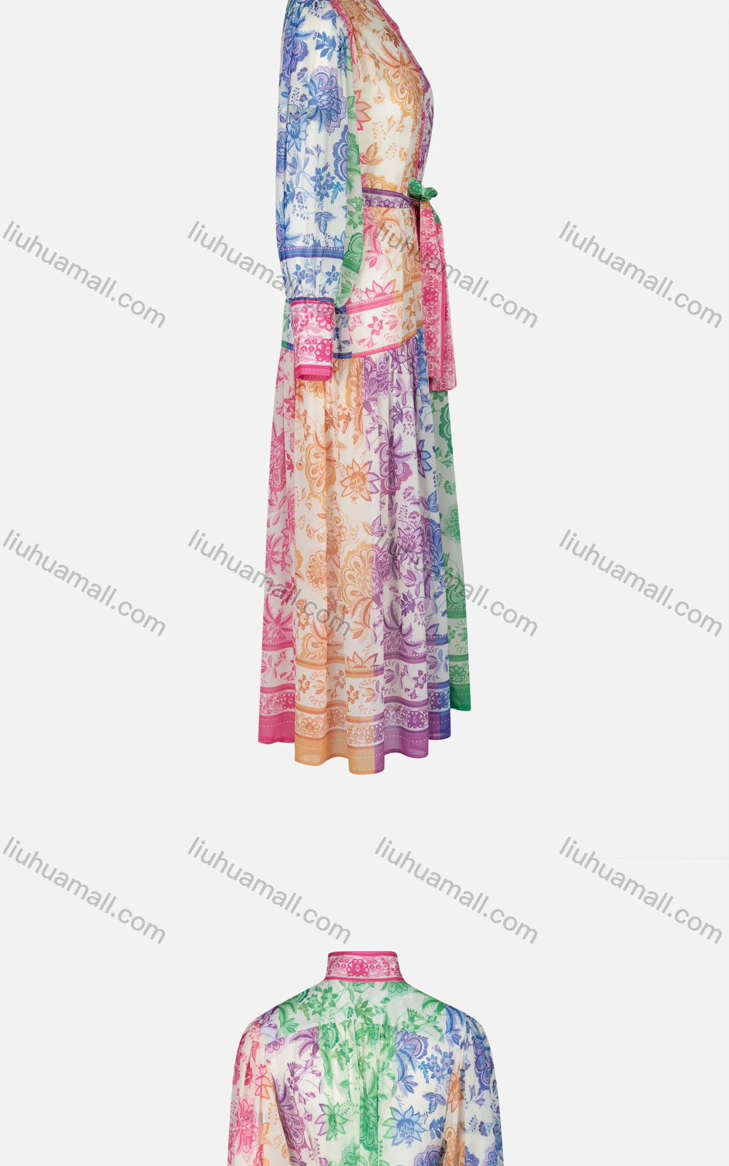 Wholesale Women's Chinese Traditional Elegant Stand Collar Floral Lace Up Button Down Chiffon Midi Dress 9018# - Liuhuamall