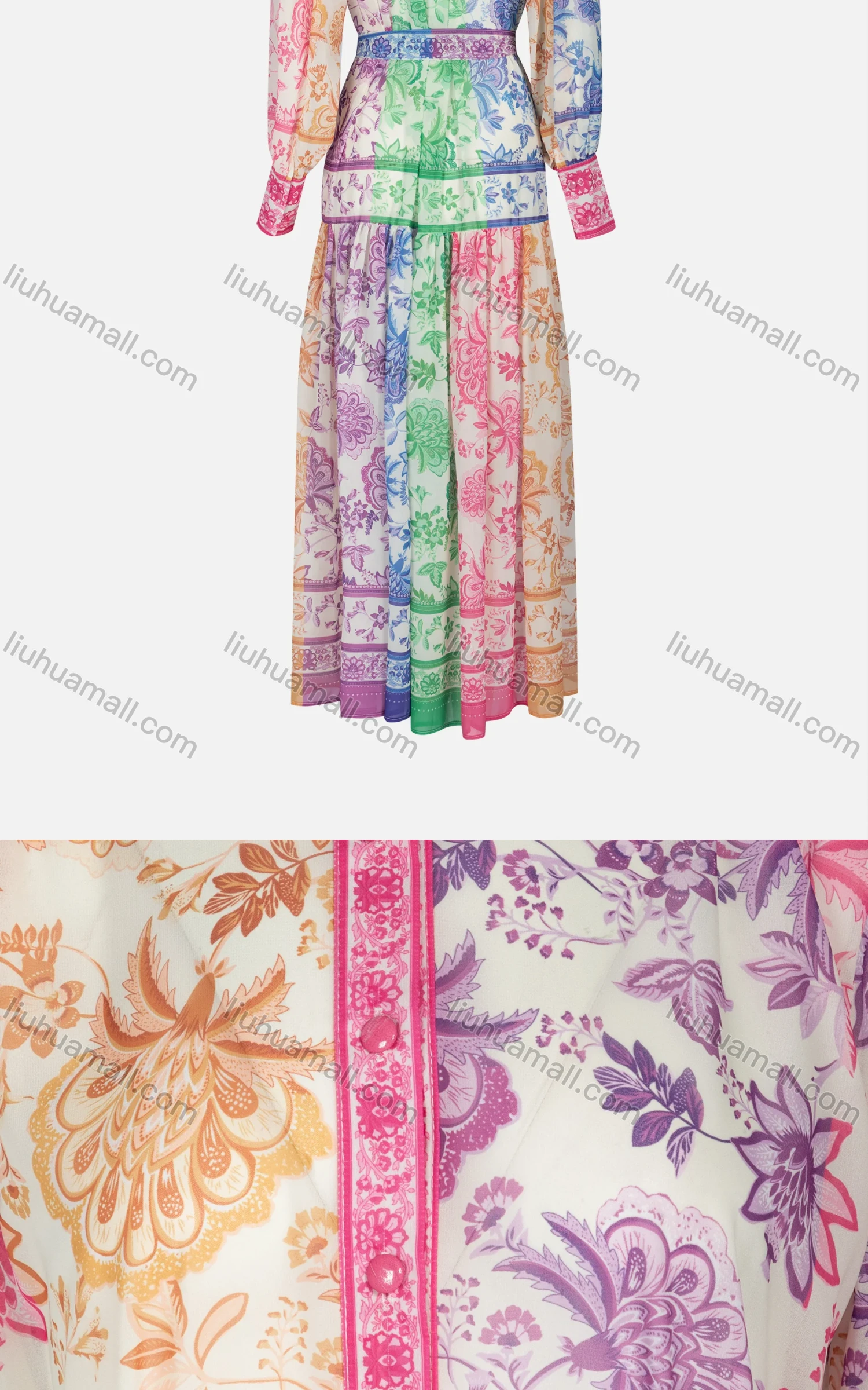 Wholesale Women's Chinese Traditional Elegant Stand Collar Floral Lace Up Button Down Chiffon Midi Dress 9018# - Liuhuamall