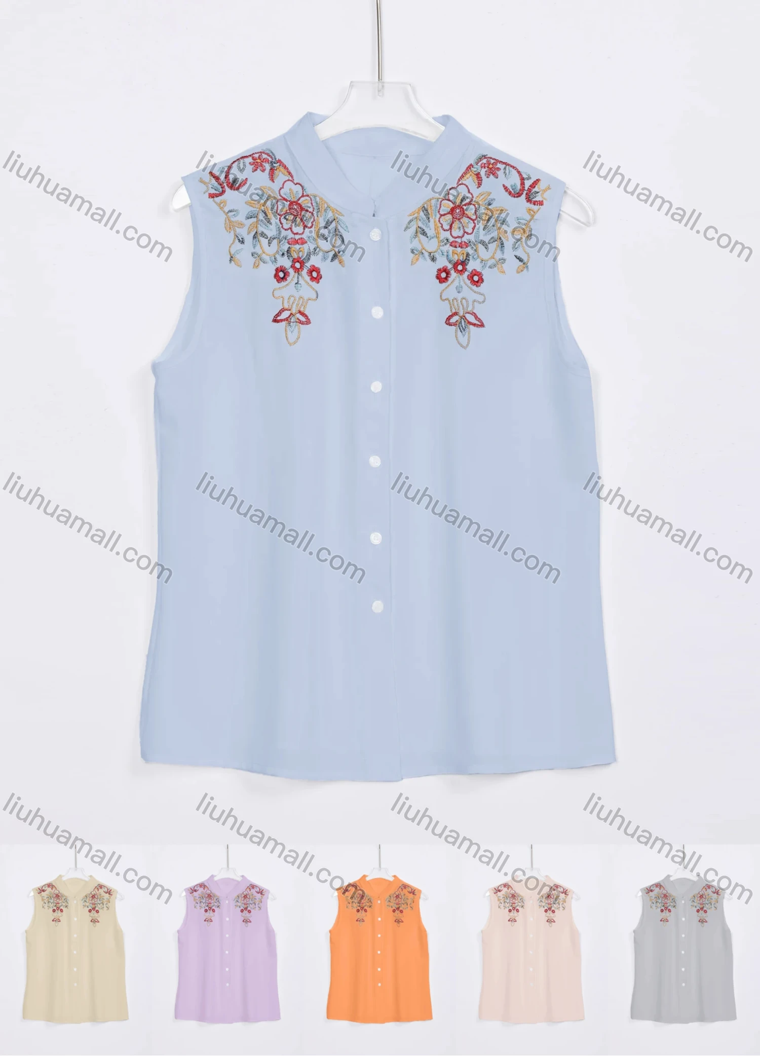Wholesale Women's Stand Collar Floral Embroidery Buttons Down Tank Tops W02# - Liuhuamall